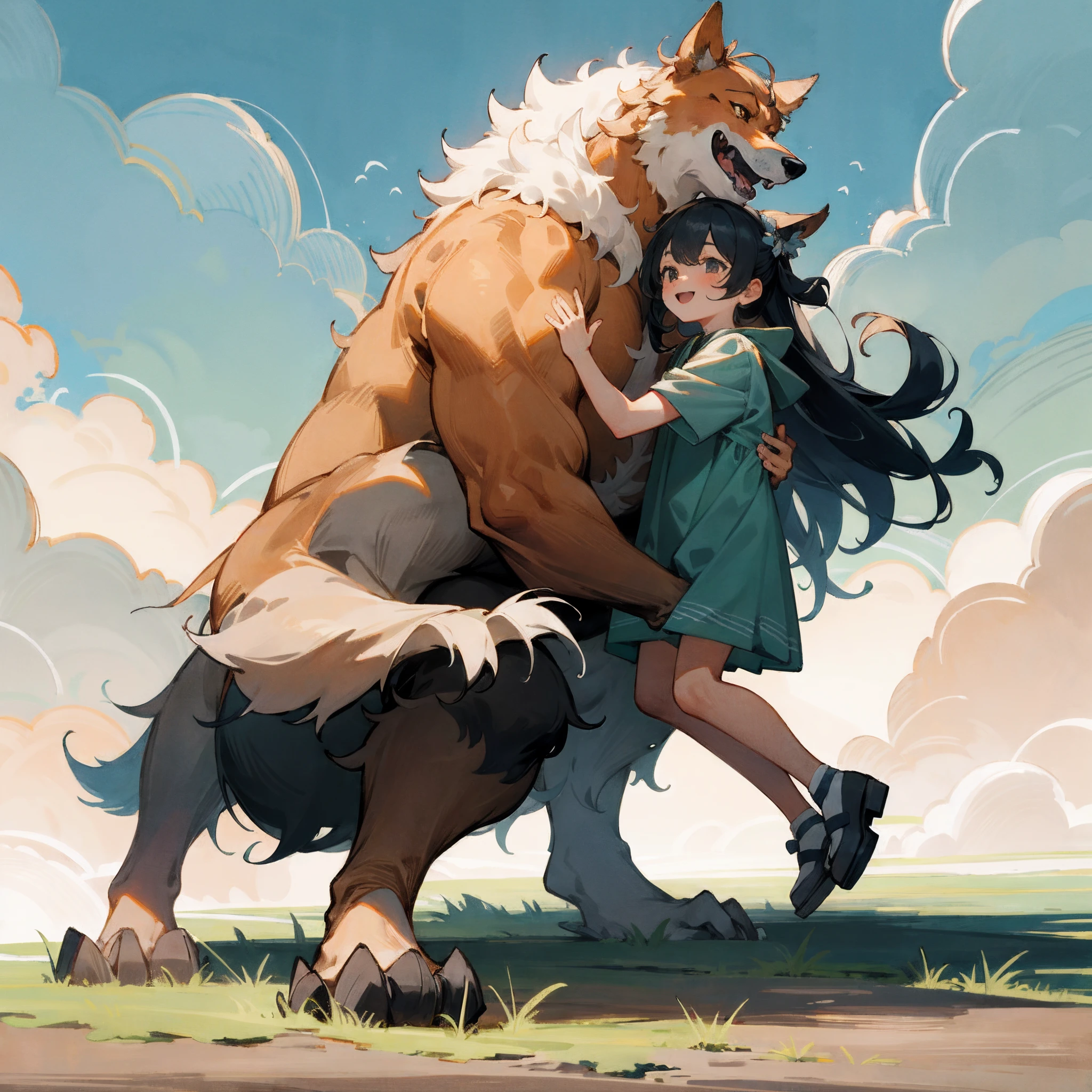 highres, unparalleled masterpiece, absurdres, love story of human  girl and giant Werewolf, pair, Height difference, Physical difference, perfect anatomy, smile, joyful, play with, smile, happy, facial expressions, full body,