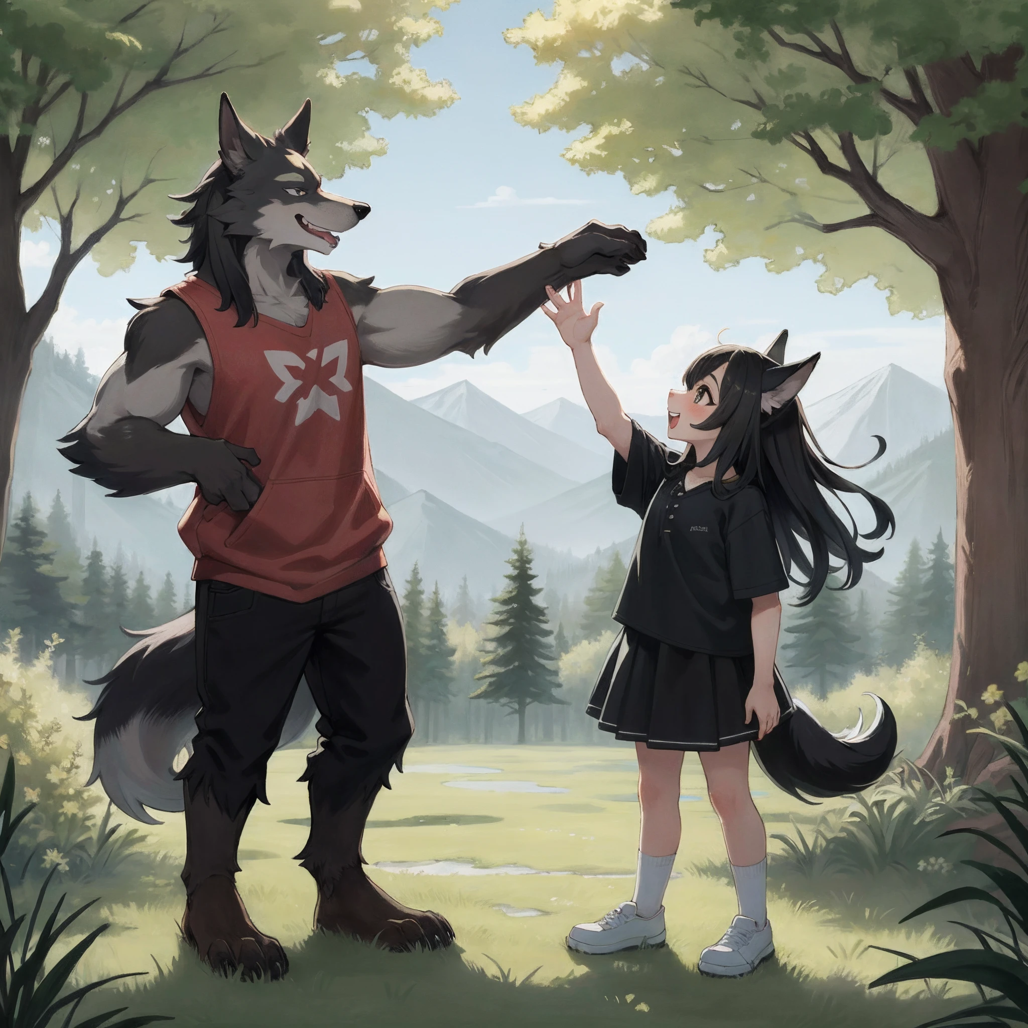 highres, unparalleled masterpiece, absurdres, love story of human Child girl and giant Werewolf, pair, Height difference, Physical difference, perfect anatomy, smile, joyful, play with, smile, happy, facial expressions, full body,