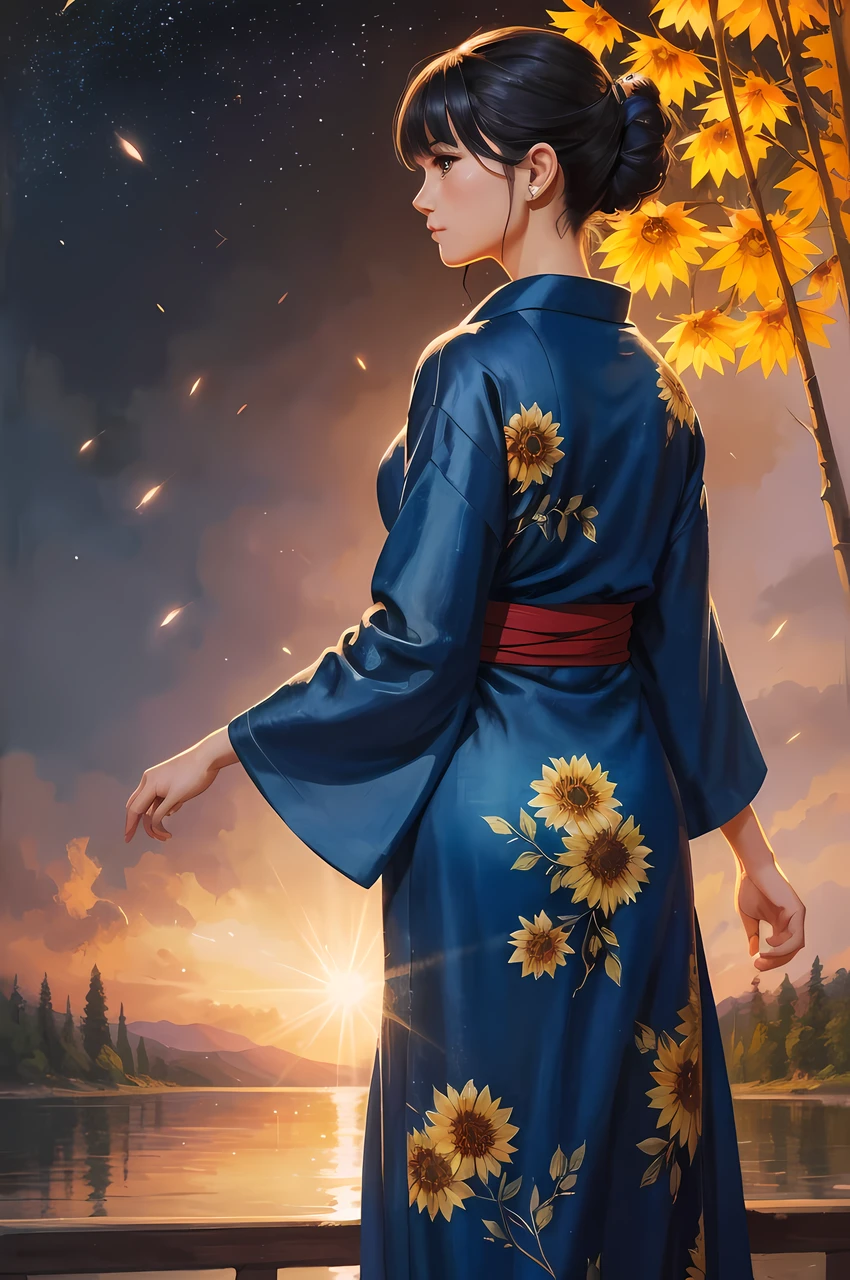 Abstraction oil painting illustration, hyper detailed painting, masterpiece, (full body behind portrait, low angle), from behind, Go pro, cine-realism, cinematic visuals, narrative storytelling, dramatic lighting, captivating compositions, evocative moods, filmic style, 
BREAK, 
standing on the bridge, a beautiful night lake under full-covered fireworks dark oil painting background, sunflower, water reflection, lots of firefly, 
BREAK, 
a extremely attractive and beautiful Caucasian milf dressed in floral printed blue Yukata, (portrait of 55 years old), beautiful clean face, detailed face, chignon hair with bangs, beautiful detailed hair, beautiful detailed eyes, soft and smooth skin, lovely look, perfect anatomy, 
BREAK, 
(frame the head), Centered image, stylized, cinematic light, bokeh, stylish fashion pose, long exposure, back light, magic scene, 8 life size, 8k resolution, trending on Artstation, HDR, human hands, approaching perfection, wind, highly detailed, concept art, smooth, facing directly at the viewer positioned so that their body is symmetrical and balanced, clean brush stroke, detailed hairstyle, golden ratio, sharp focus, hyper-sharp image.