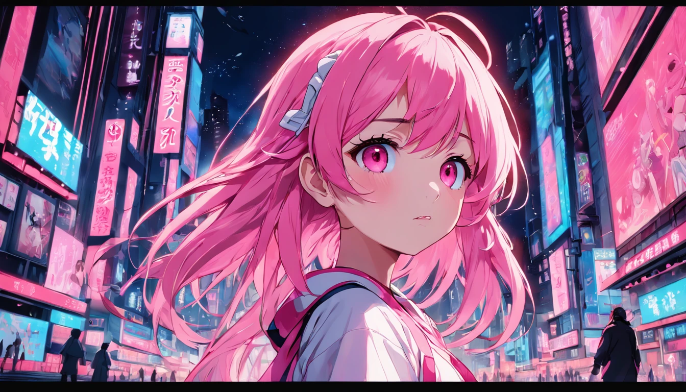 anime girl, pink and white hait, age 23, neon t shirt, wallpaper, great quality, highly detailed, colourful,