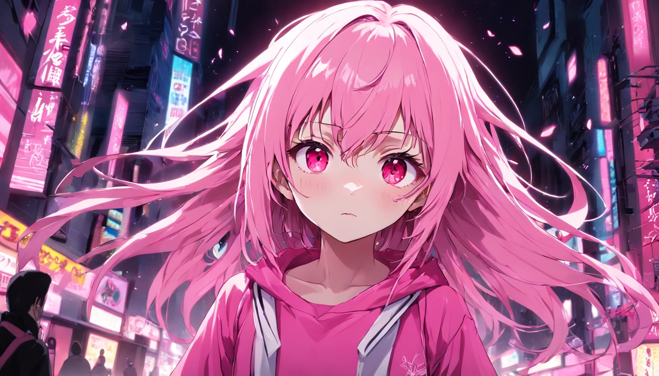 anime girl, pink and white hait, age 23, neon t shirt, wallpaper, great quality, highly detailed, colourful,