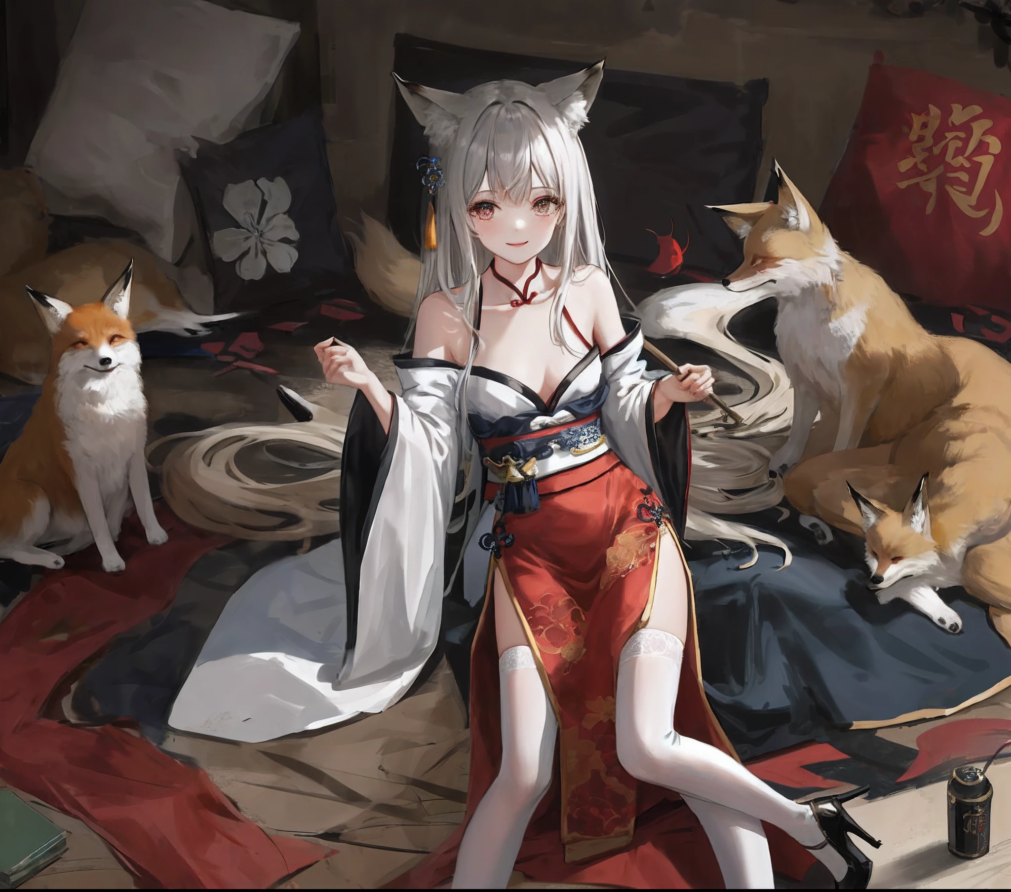 tmasterpiece，A high resolution，best qualtiy，ssmile，Hanfu，Fox girl，Bare chest，white stockings，high-heels