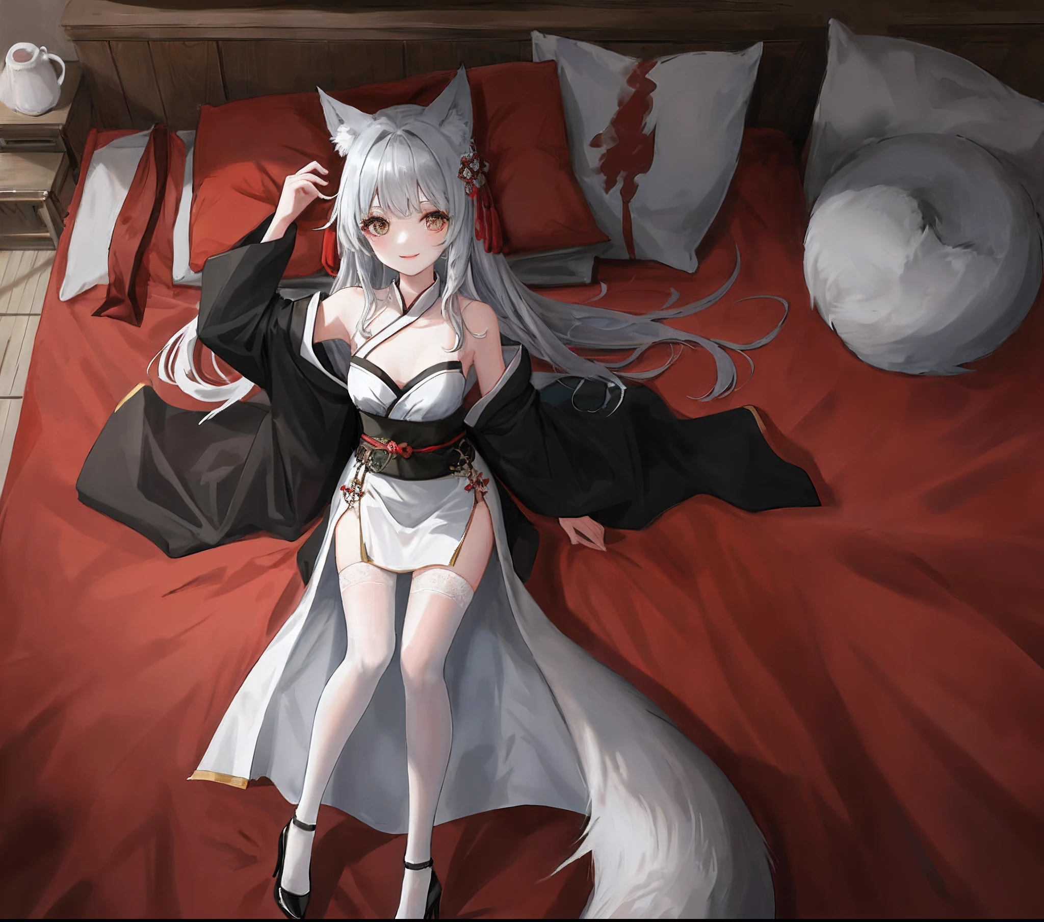 tmasterpiece，A high resolution，best qualtiy，ssmile，Hanfu，Fox girl，Bare chest，white stockings，high-heels