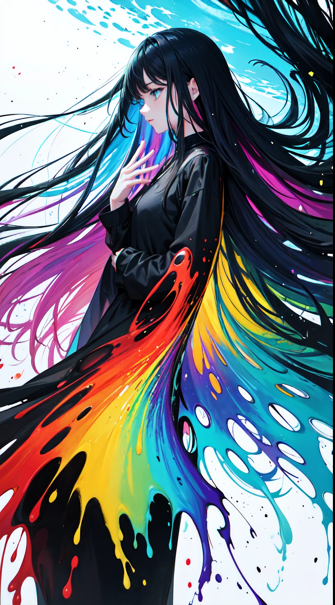 abstract art, colourful, vibrant colours, girl, rainbow, spilled paint, art, girl, hand up, waving hair, painting, trees, bird, girl in black dress, water, mixed colours, beautiful, abstract, illustration, fantasy