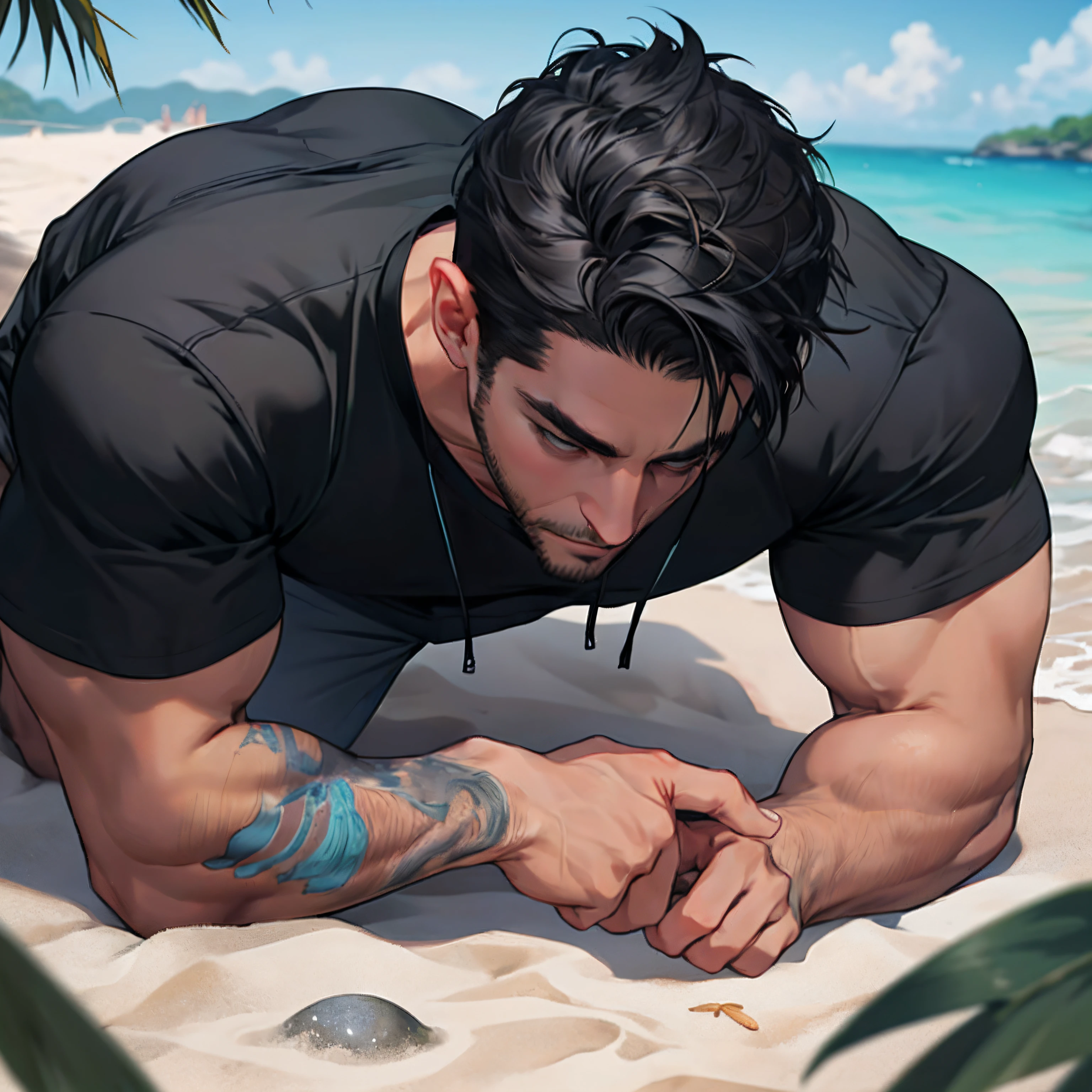 lifelike,(The Masterpiece,Top quality,best qulity,officlal art),greatly detailed,Colorful,Most detailed,god,shorter hair,black color hair,Handsome man,short sleeve,beach,