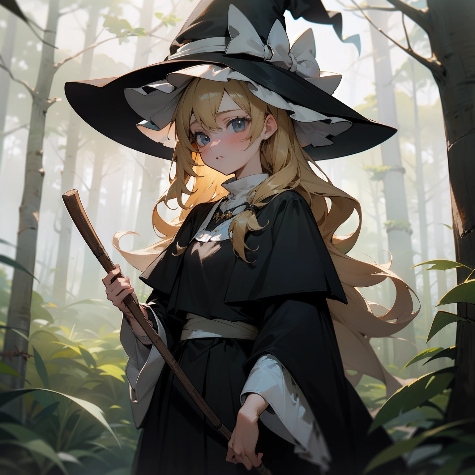 Masterpiece, fine detail, 4k, 8k, 12k, solo, solo, beautiful girl, white female, Marisa Kirisame, blonde, long hair, 13 years old, witch's hat, black clothes, broom, in the forest, fantastic, fantasy