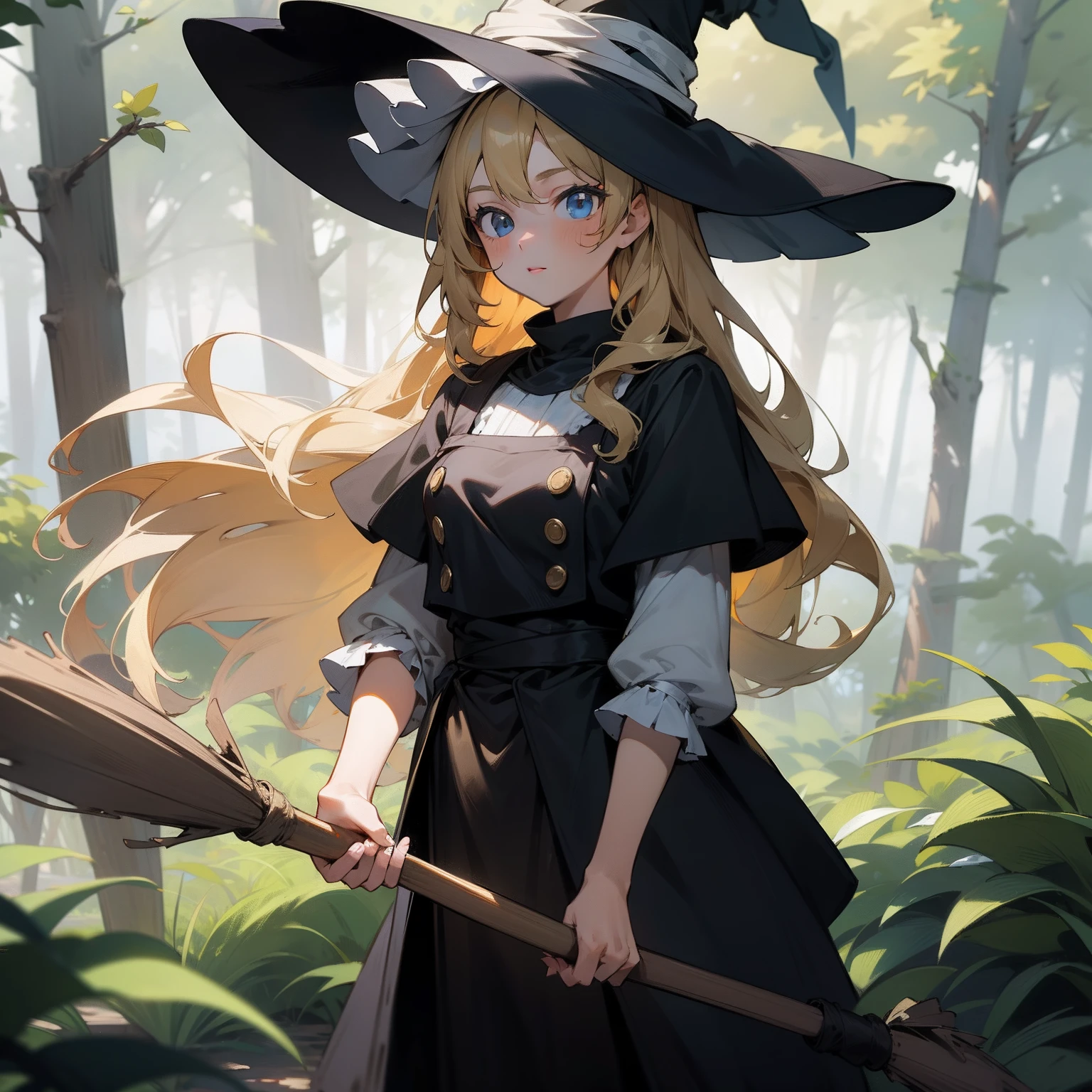 Masterpiece, fine detail, 4k, 8k, 12k, solo, solo, beautiful girl, white female, Marisa Kirisame, blonde, long hair, 13 years old, witch's hat, black clothes, broom, in the forest, fantastic, fantasy