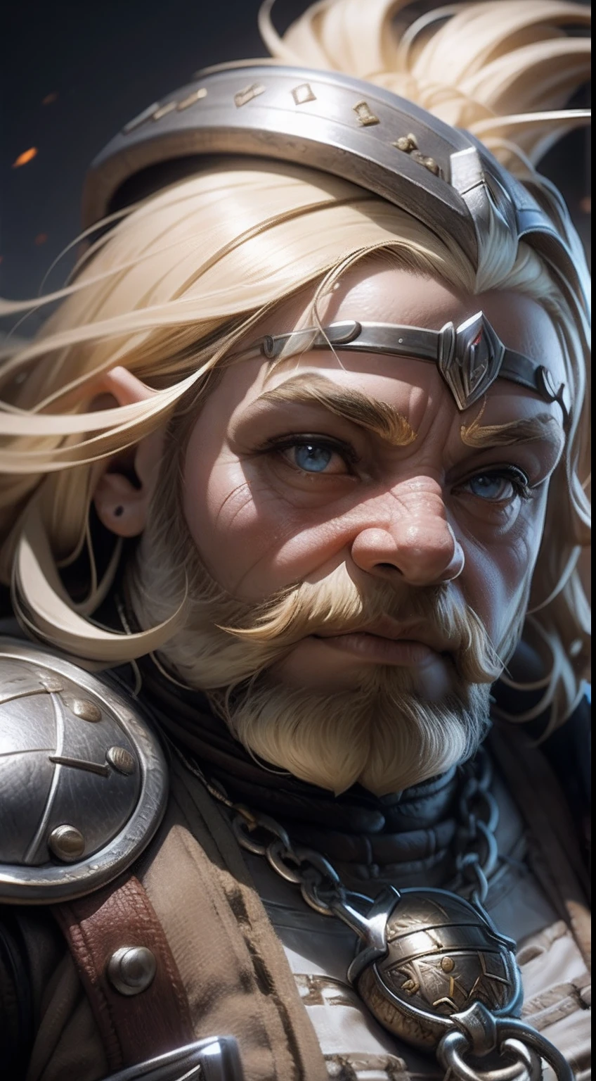 Female dwarf warrior in the center of the image, short body, Big head,Blonde hair and realistic beard, Big nose, Wear leather and chain mail, The characters at a glance, dwarf