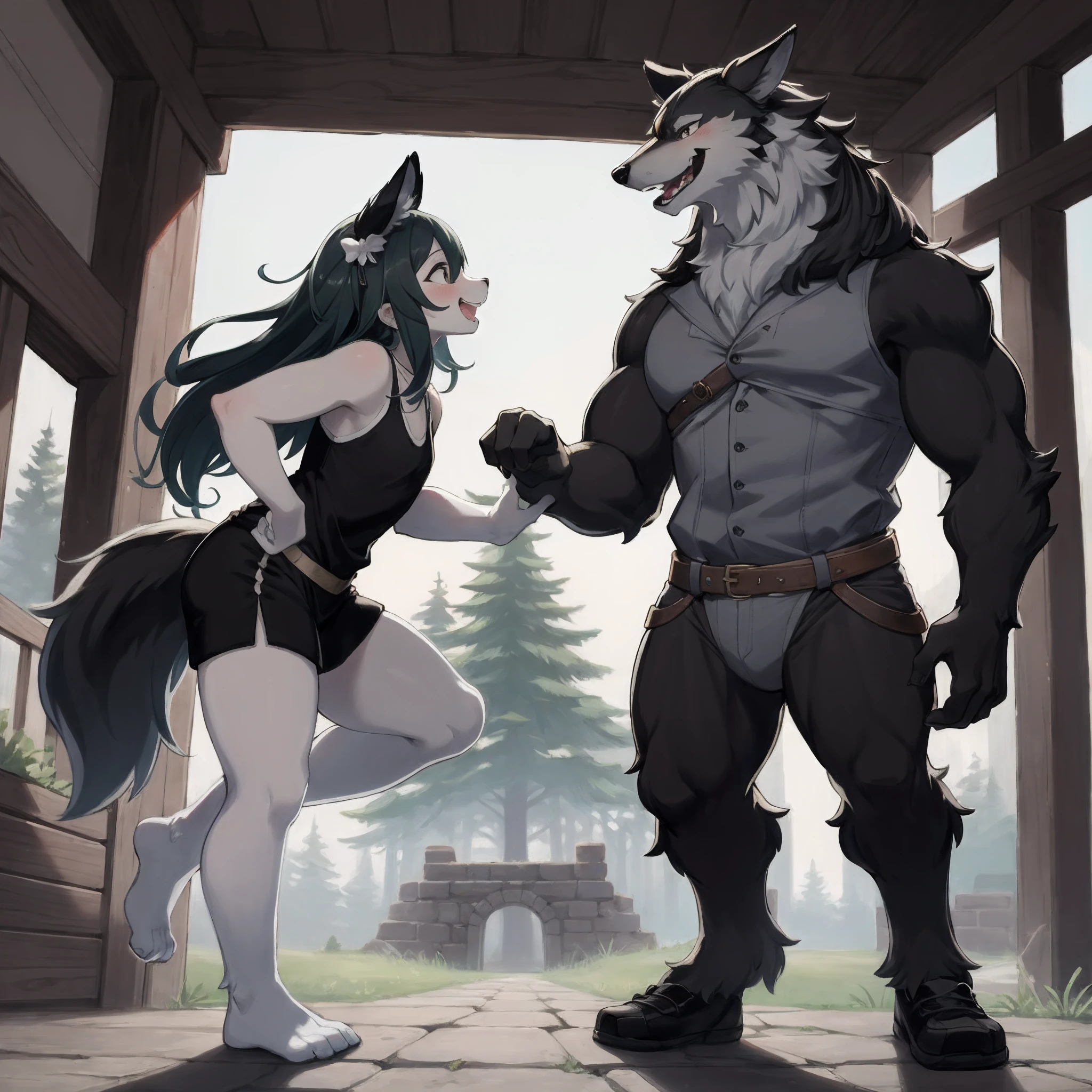 highres, unparalleled masterpiece, absurdres, love story of human girl and giant Werewolf, pair, Height difference, Physical difference, perfect anatomy, smile, joyful, play with, smile, happy, facial expressions, full body,