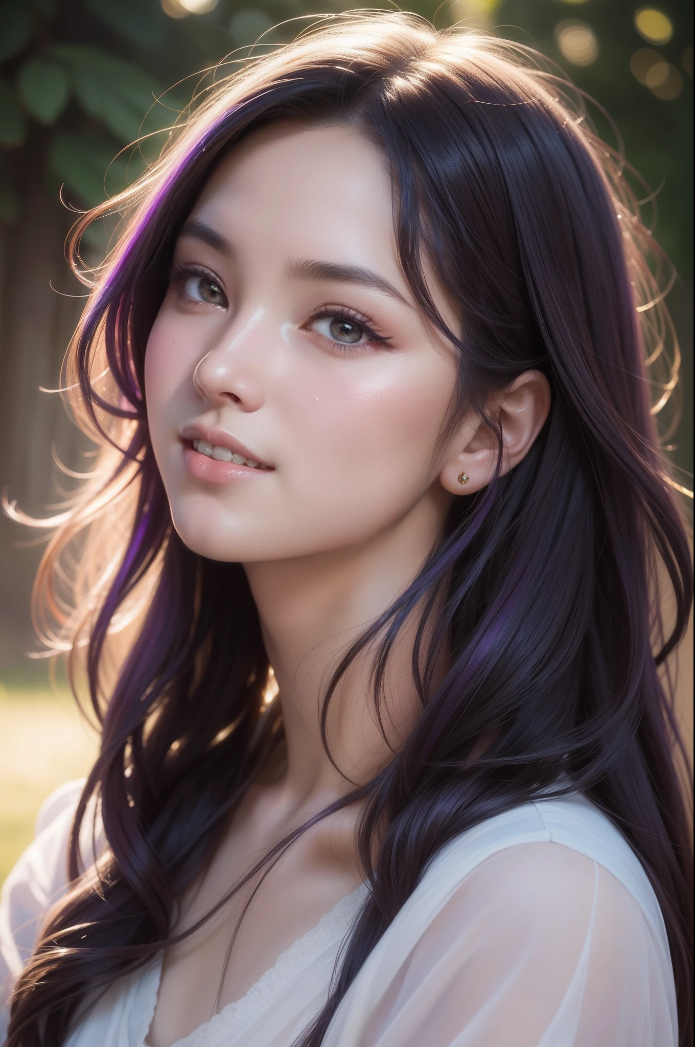 masterpiece, best quality, beautiful detailed hair detailed face, perfect feminine face, [outline:1.5], (happy:1.2), open mouth, smiling, (close-up potrait:1.2), face focus, a beautiful and cute girl with sparkling and glowing purple hair, young girl, solo, 1girl, ahoge, side hair, very long hair, shiny skin, shiny foreheads, lens flare, sharp focus, volumetric lighting, trending on artstation, pixiv, by sakimichan, george kamitani, akira yasuda, alphonse mucha, greg rutkowski, gil elvgren, william-adolphe bouguereau, oil on canvas