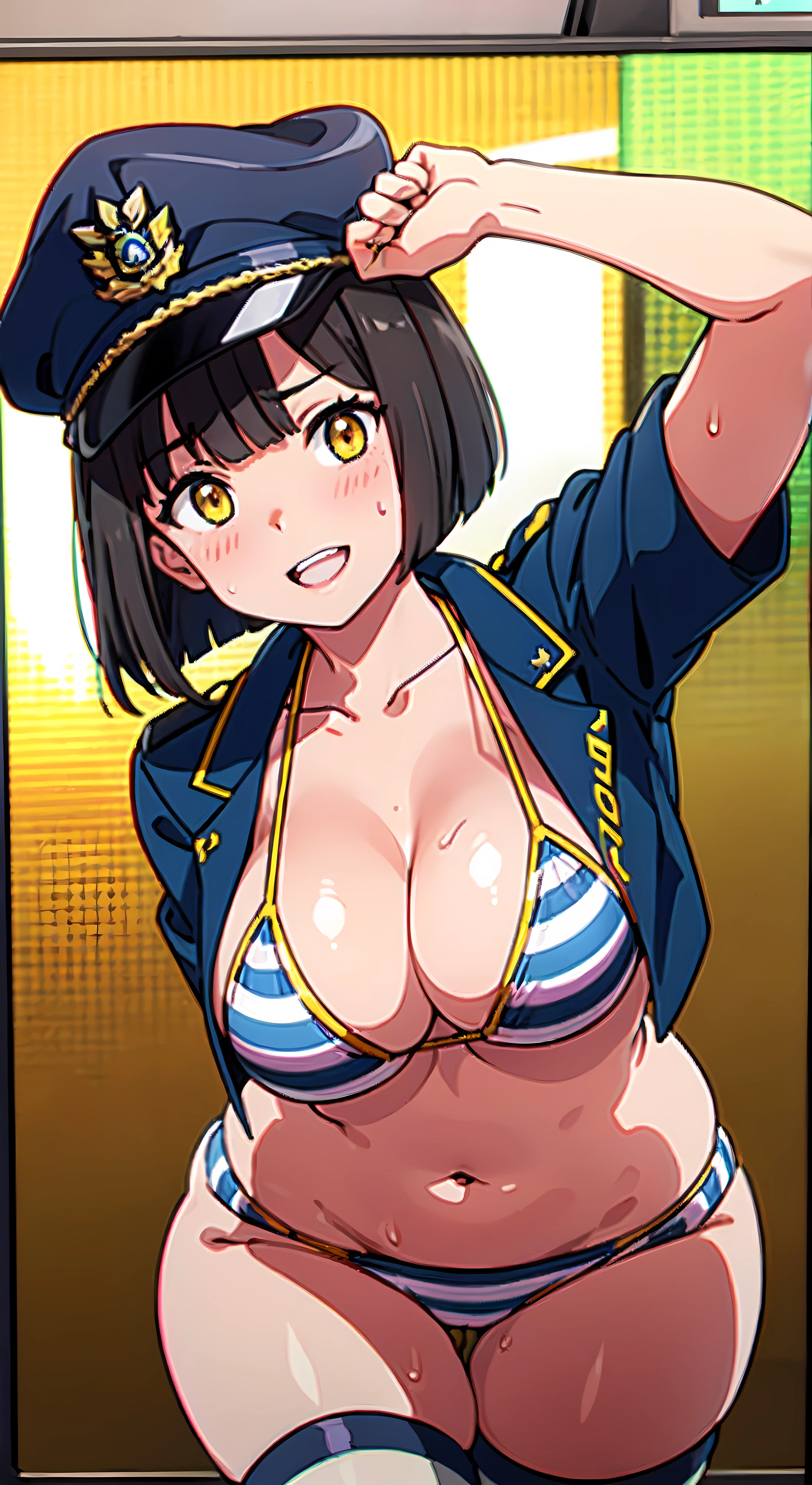 (Perfect body),Best Quality,(8K Portrait),(anime screen cap)、((Police Woman)),Police Hat、blush,Sweat,((large udder))、(Dark hair),((bob cuts))、Yellow eyes,(thick thighs),((((Navy blue striped bikini))))、White knee socks、adult  woman、((A smile))、Cowboy Shot、(Navy blue jacket)、showing teeth、(((Hands behind the head)))、((Armpits))、((leaning forward))、