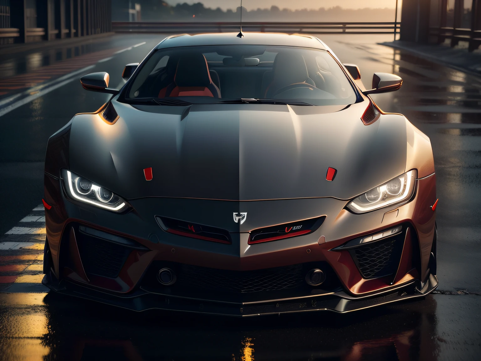 Photo 8K dark and dark,Red sports car, Sunset, Detailed face, Detailed, (Vibrant, photos realistic, Realistic, Dramatic, Dark, Sharp Focus, 8K), wet floor, reflection, Rain, Lightning, LED headlight, Light on, Full Rendering, Gold Wheel