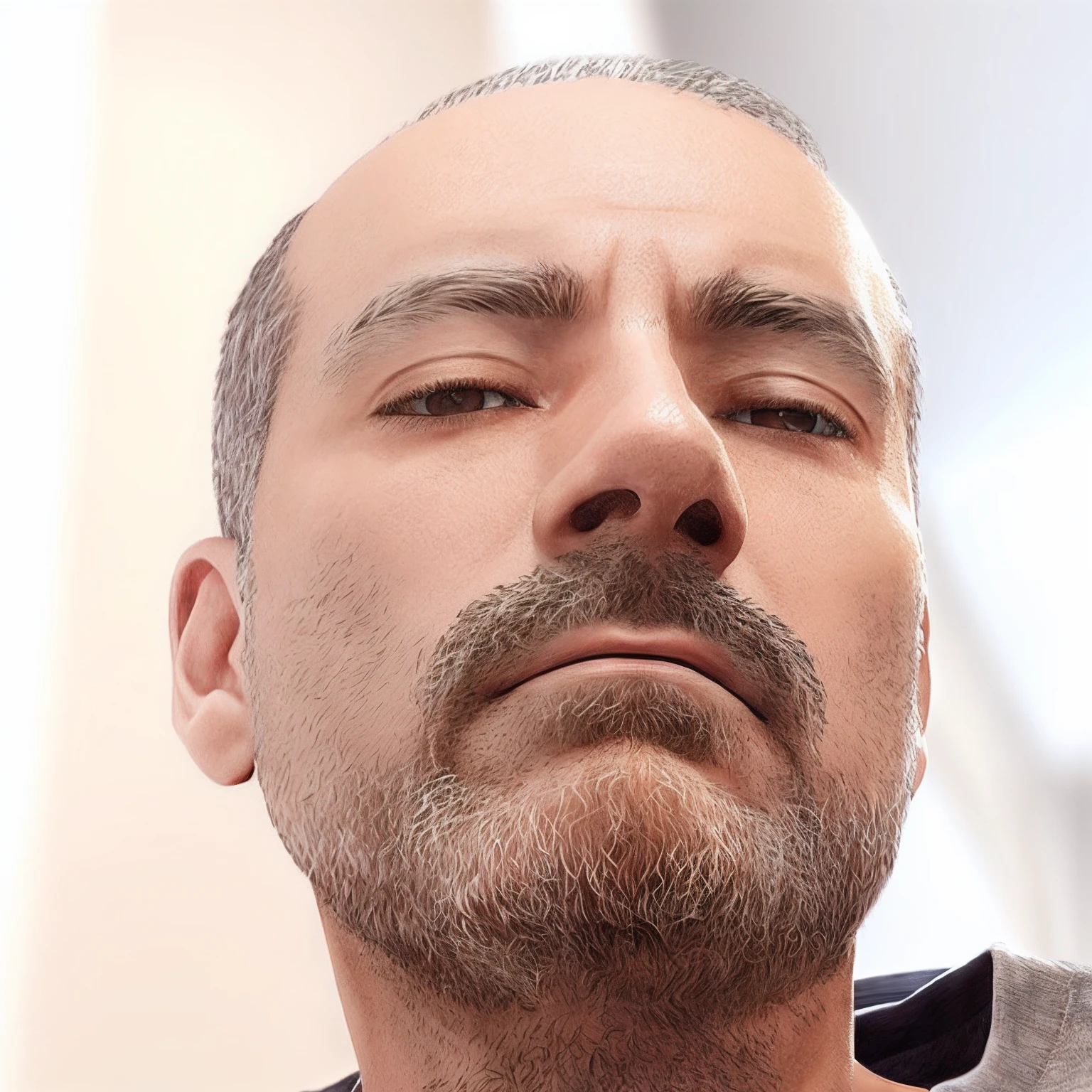 homem com barba e camisa cinza olhando para cima, anime, realistic animation style