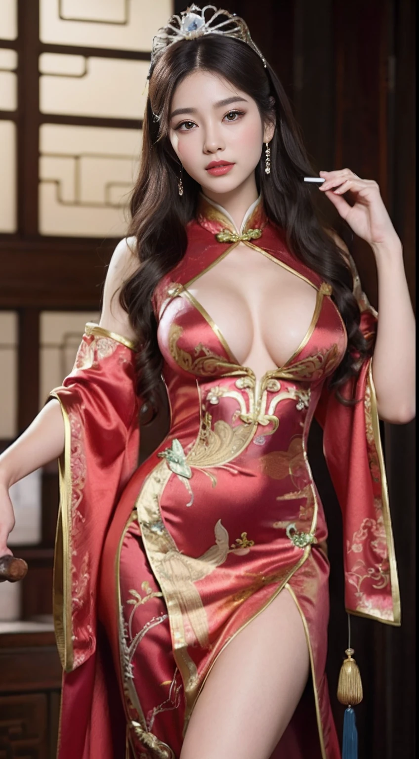 Most Real、top-quality、best pixels、8k ultra、(Photoreal Stick:1.8)、1girl, portlate、beautiful countenance、A detailed face、Face Sharp Focus、perfectly proportions、爆乳、big breasts thin waist、nabel、Crotch gap、big, toned buttocks、thighs thighs thighs thighs、Beautiful curvaceous、Toned and perfect female figure、bewitching、amorous、Dynamic Pose、Chinese-style clothing、(Ancient costumes with many phoenix patterns、chinese costume)、(gorgeous costumes:1.9)、(wearing elegant Chinese Xiuhe dress:1.5)、china wedding dress、thin mesh socks、Perfect white and pink face、Waist-length black hair、Very beautiful brown eyes、big eye、Small red lips、Painted lips、A charming smile、White and teeth、lofty nose、big round chest、 long slender legs、crown on head、Lots of jewelry around the neck、耳Nipple Ring、Top of the red lace、Deep chest china clothes、(Clothes with a lot of exposed skin)、The background is inside the castle、Blur background、