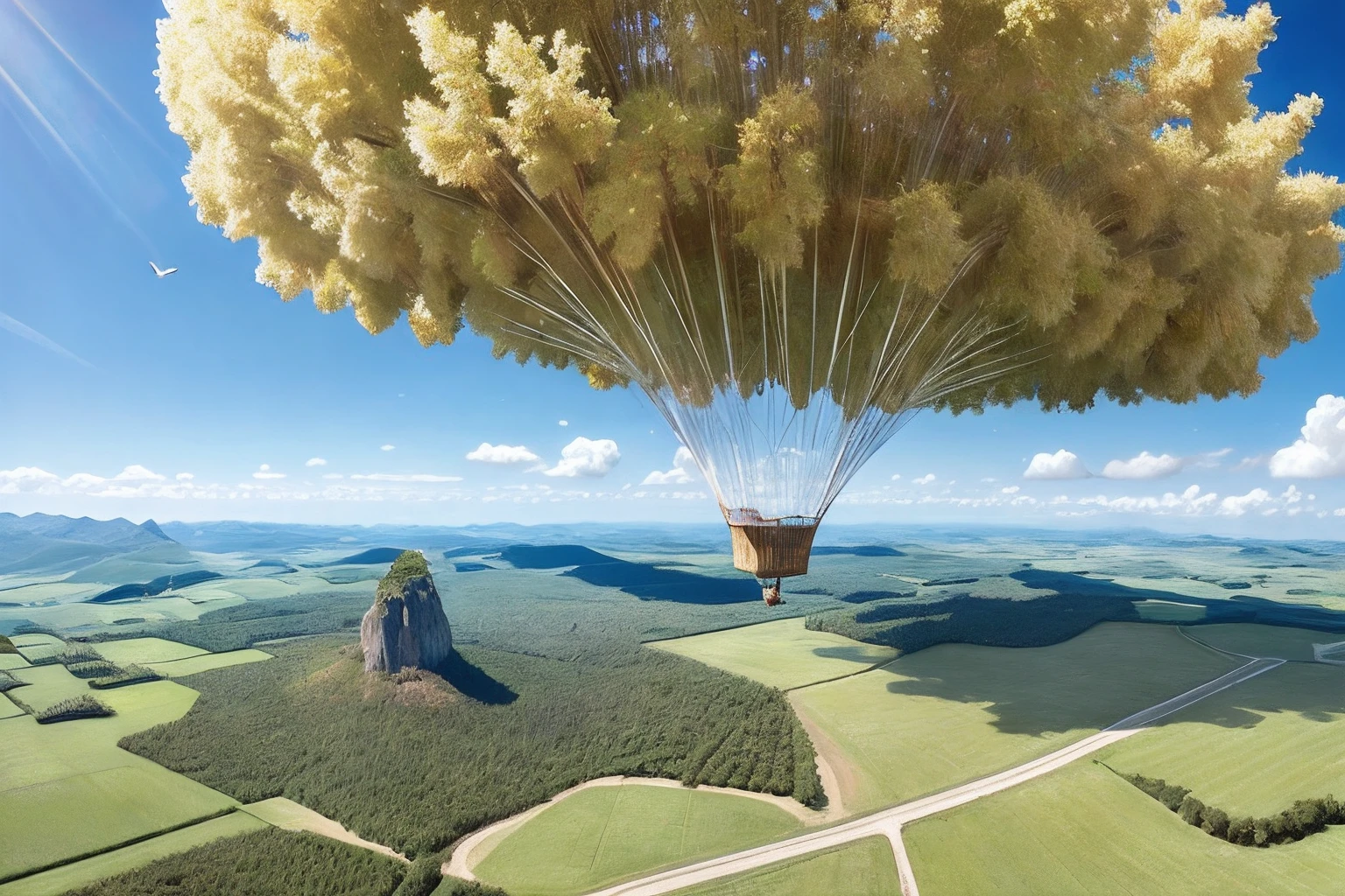 masterpiece, best quality, (realistic:1.3), beautiful girl flies over the countryside landscape on the balloon, sunshine, god ray, fractal art, crystallineAI, naked