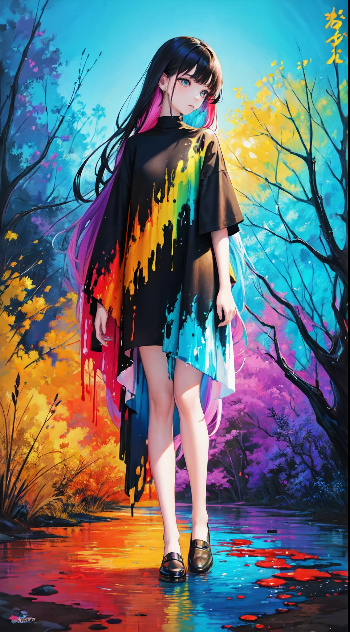 abstract art, colourful, vibrant colours, girl, rainbow, spilled paint, art, girl, hand up, waving hair, painting, trees, bird, girl in black dress, water, mixed colours, beautiful, abstract, illustration, fantasy