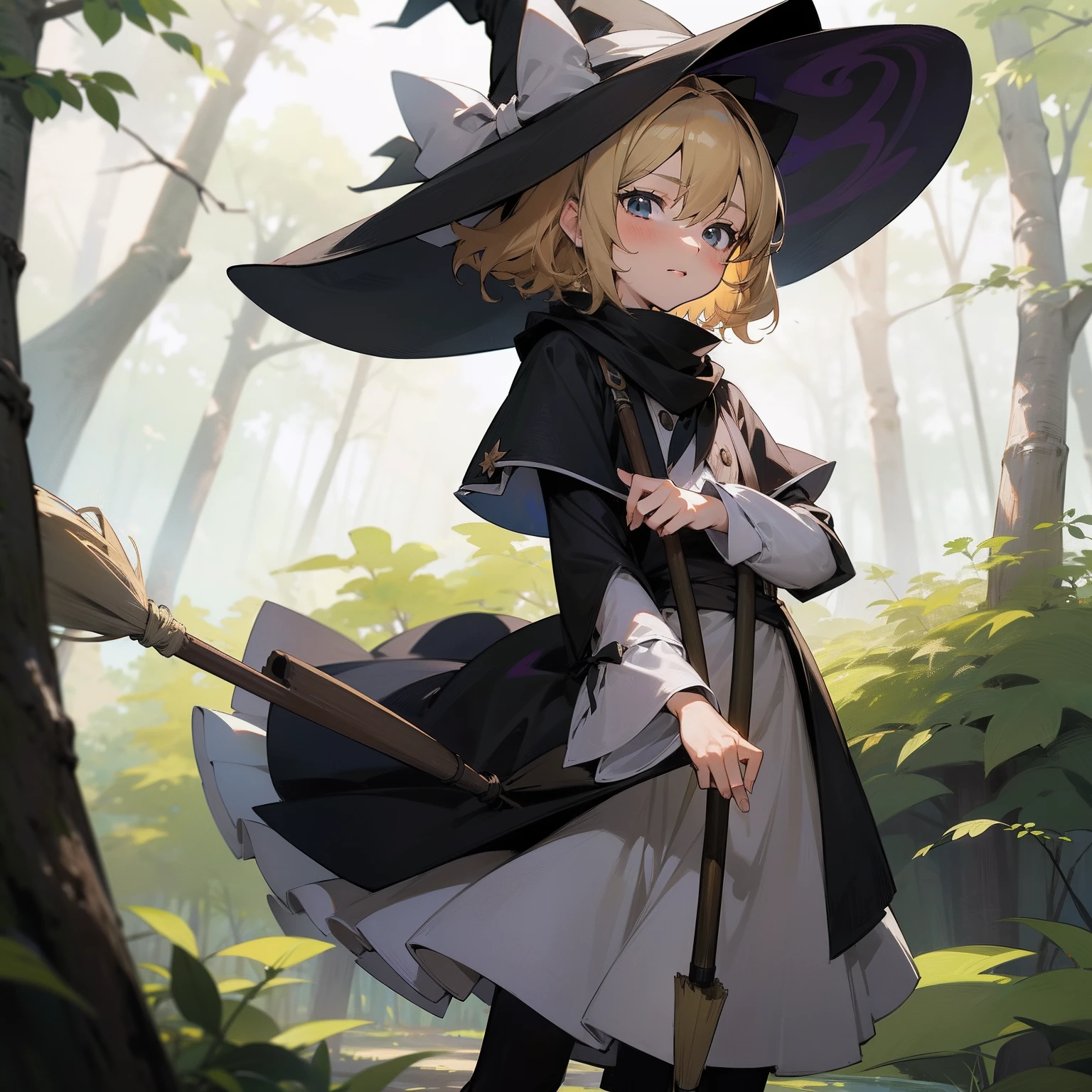 masutepiece, Fine detail, 4K, 8K, 12K, Solo, Solo, Beautiful Girl, caucasian female, marisa kirisame, Blonde, short-hair, , witch's hat, Black clothes, natta、broom, muffler、long-sleeve、yuki、In the forest, Fantastic, Fantasy