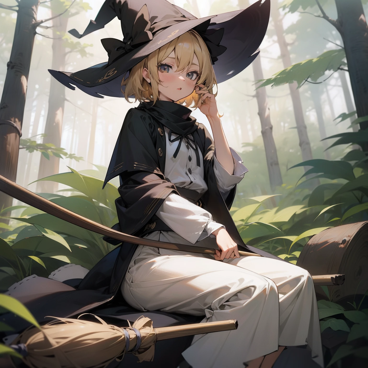masutepiece, Fine detail, 4K, 8K, 12K, Solo, Solo, Beautiful Girl, caucasian female, marisa kirisame, Blonde, short-hair, 13 years old, witch's hat, Black clothes, natta、broom, muffler、long-sleeve、yuki、In the forest, Fantastic, Fantasy