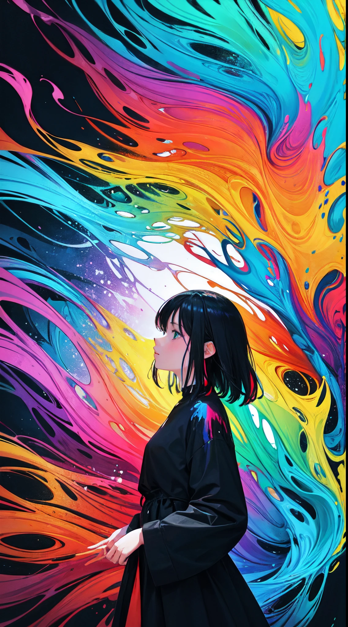 abstract art, colourful, vibrant colours, girl, rainbow, spilled paint, art, girl, hand up, waving hair, painting, trees, bird, girl in black dress, water, mixed colours, beautiful, abstract, illustration, fantasy