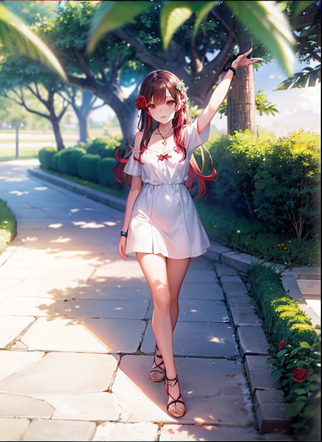 Redhead、red eyes、Beautiful girl alone、doress、cropped shoulders、Rose garden、Medium-sized chest,Meitu