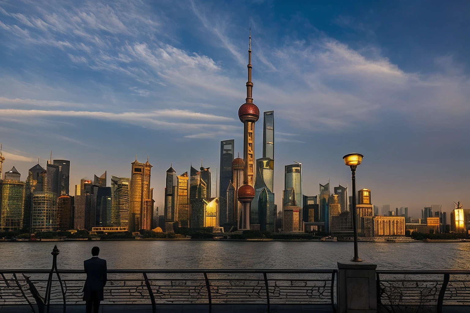 Frenzied view of the city skyline，A man stands on a railing, shanghai city, shanghai, golden hour in beijing, skyline showing, Chinese New Year in Shanghai, skylines, author：Chass is silent, cinematic morning light, Beautiful cityscape, super wide view of a cityscape, shot at golden hour, in the golden hour, author：Bernardino May