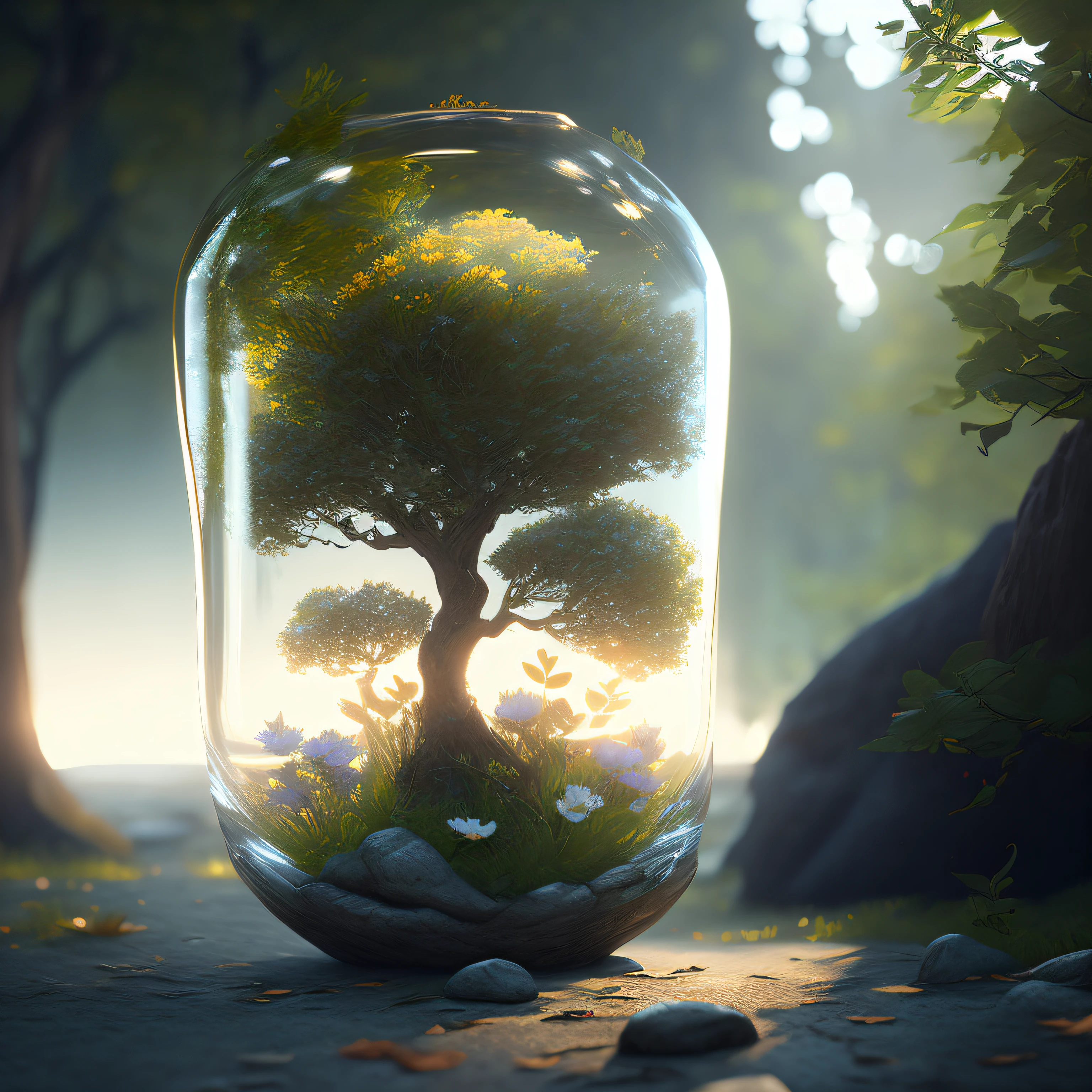 dreamlikeart tree in a bottle, fluffy, realistic, photo, canon, dreamlike, art, colorfull leaves and branches with flowers on top of its head. hyperdetailed photorealism by greg rutkowski - ? 1024 w 804 | f 1 6 lens mark 2:2 s 3555 mm film grain :1 lifelike high res sharp focus contrast!! intricate detailed atmospheric light refraction lighting unreal engine 5 cinematic concept photography masterpiece octane render trending at cgsociety rendered as