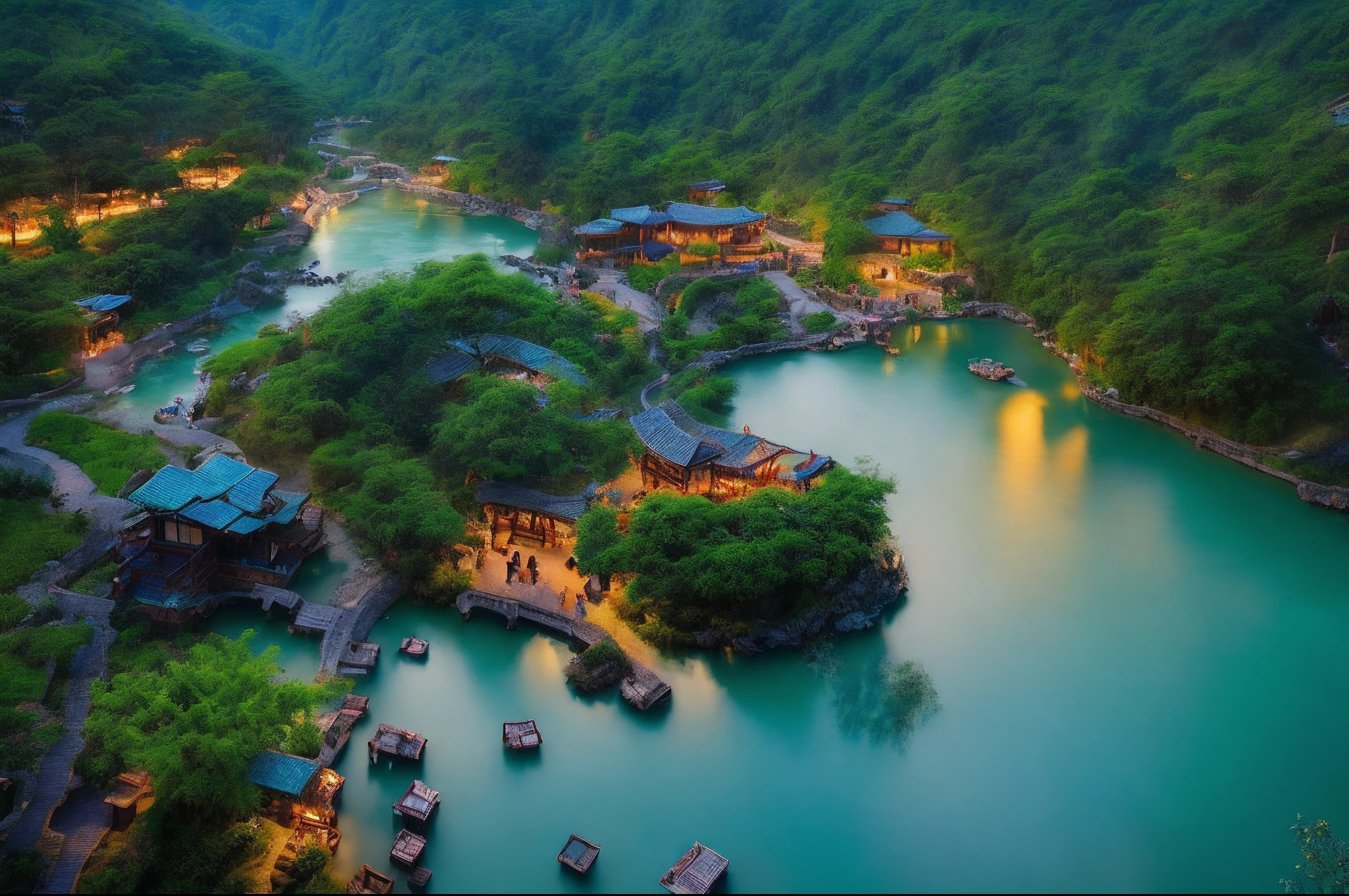 At dusk, green trees, willows flying, surrounded by blue water, small bridges and flowing water, antique color, floral fragrance, warm as jade, birds singing and flowers, water town paintings, leisurely, real photography, 16K resolution, peninsula resort view ocean