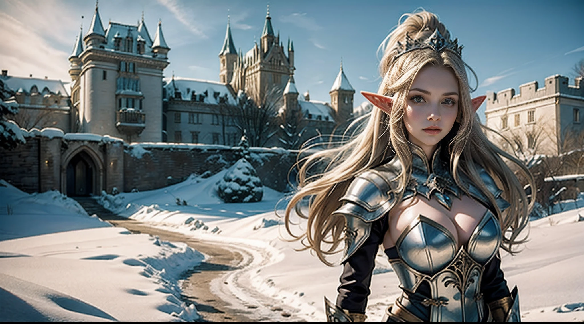 Female elf，Large breasts，Armour，diadems，sceptre，complex patterns，In the background is a huge castle，snow cover，Mid-range portrait