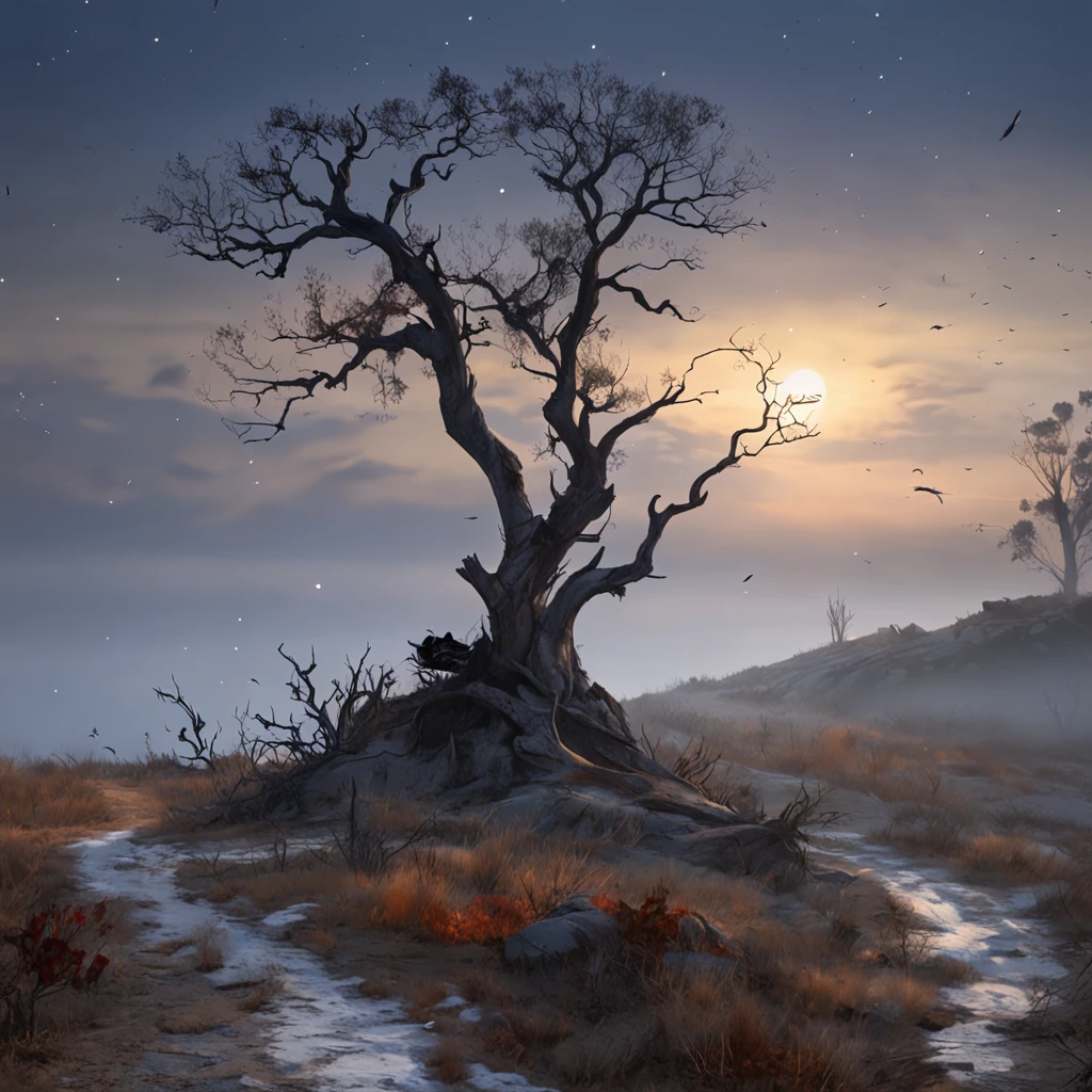 Two crows on a dead tree, A shadow shaped like a walker, Starry night, Thick fog on the ground, Blue light on the horizon, Unreal Engine 5, Cinematic, low angle photography, Motion blur, Depth of field, Dust, Cobblestones and dirt. Splash Art, dripping paint. Perfect color grading. Influenced by Karel Appel and Jeremy Mann, Full of dramatic and threatening scenes, Hyper-detailed, Beautiful, insanely details, Intricate details, editorial photography, shot with a 50mm lens, Depth of field, Tilt Blur, Shutter speed 1/1000, f/22. Lightmaps, Super bright