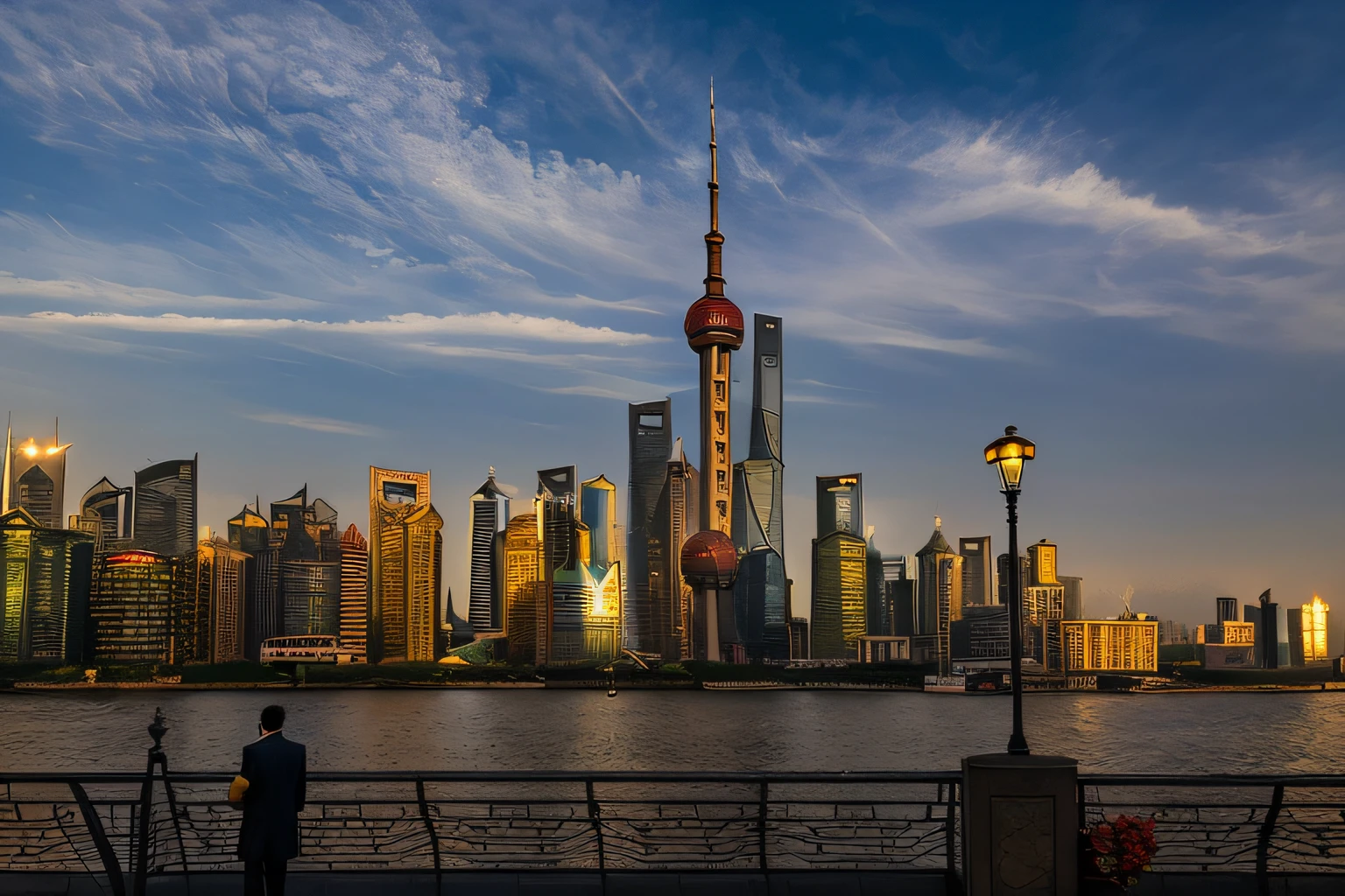 Frenzied view of the city skyline，A man stands on a railing, shanghai city, shanghai, golden hour in beijing, skyline showing, Chinese New Year in Shanghai, skylines, author：Chass is silent, cinematic morning light, Beautiful cityscape, super wide view of a cityscape, shot at golden hour, in the golden hour, author：Bernardino May