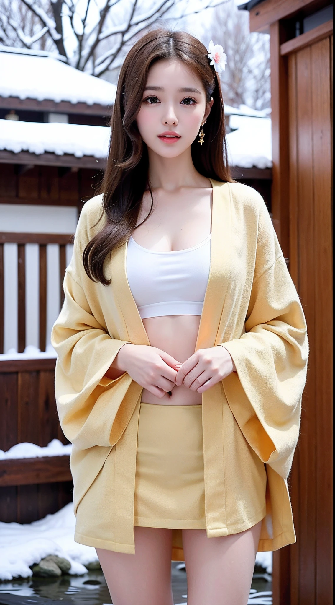 1 rapariga， Bare_tree， brown_Eyes， brown_Hair，long whitr hair， build， Manteau， Head flower， 耳Nipple Ring，kimono skirt， cparted lips，The is standing， Looking_at_peeping at the viewer， exteriors， snow landscape，hot onsen， 独奏， The tree，  Winters，  Detailed_Eyes，ssmile， Bring your arms together，show legs，Chest camera， The large， Ears come out， face in golden proportions， The body of the golden ratio， best qualtiy，hyper HD，By bangs