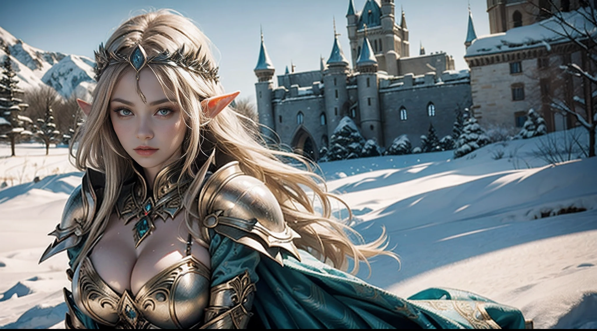 female elf，Large breasts，Armour，diadems，sceptre，Complex patterns，In the background is a huge castle，snow cover，Mid-range portrait