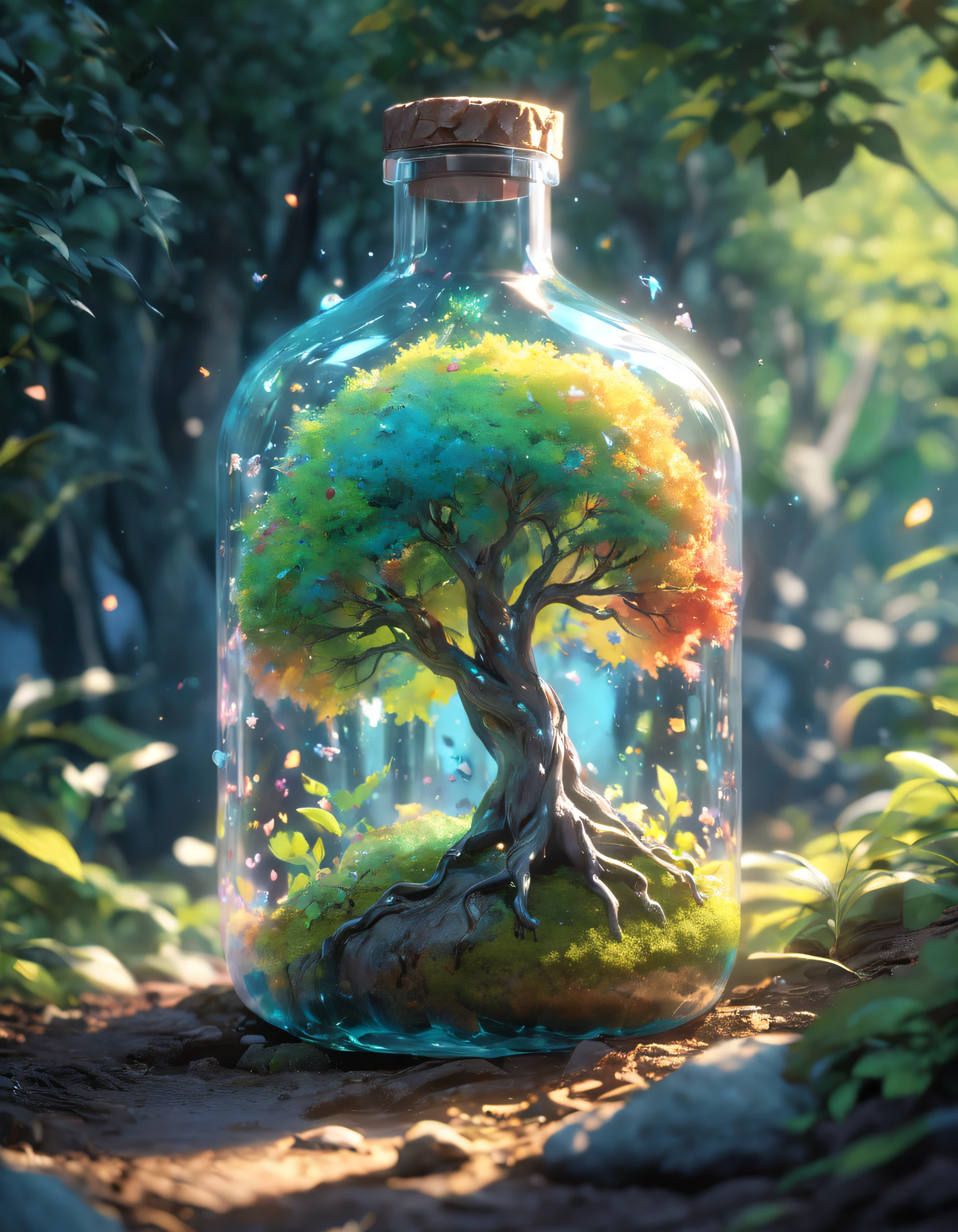 Dreamy art tree in bottle, fluffy, realistic, photo, canon, dreamy, art, colorful leaves and branches, flowers blooming on the head. Ultra-detailed photorealism by Greg Rutkowski - H 1024 W 804 | f1 6 lens mark 2:2 s 3555mm film grain: 1 lifelike high resolution Sharp focus contrast!! Complex and detailed atmospheric light refraction lighting Unreal Engine 5 Cinematic Concept Photo Masterpiece Octane Render Rendered as a trend in CGSighbour