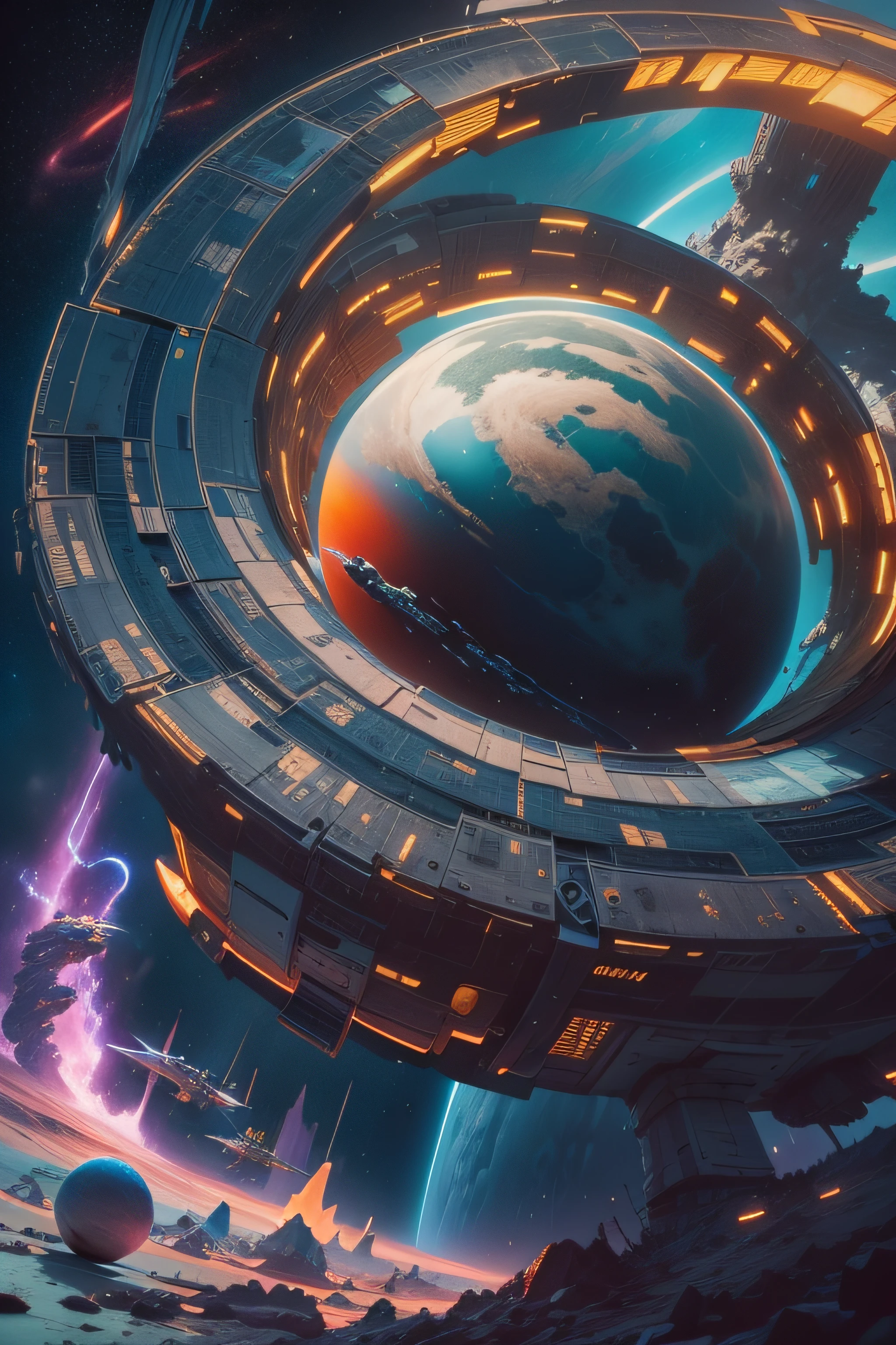 brightly colored abstract image of a space station with a spiral, epic beautiful space scifi, chaotic cinematic space rift, greg beeple, planets colliding, beeple and tim hildebrandt, beeple and jean giraud, end of the universe, galaxy space sci - fi, ringworld, by Mike "Beeple" Winkelmann