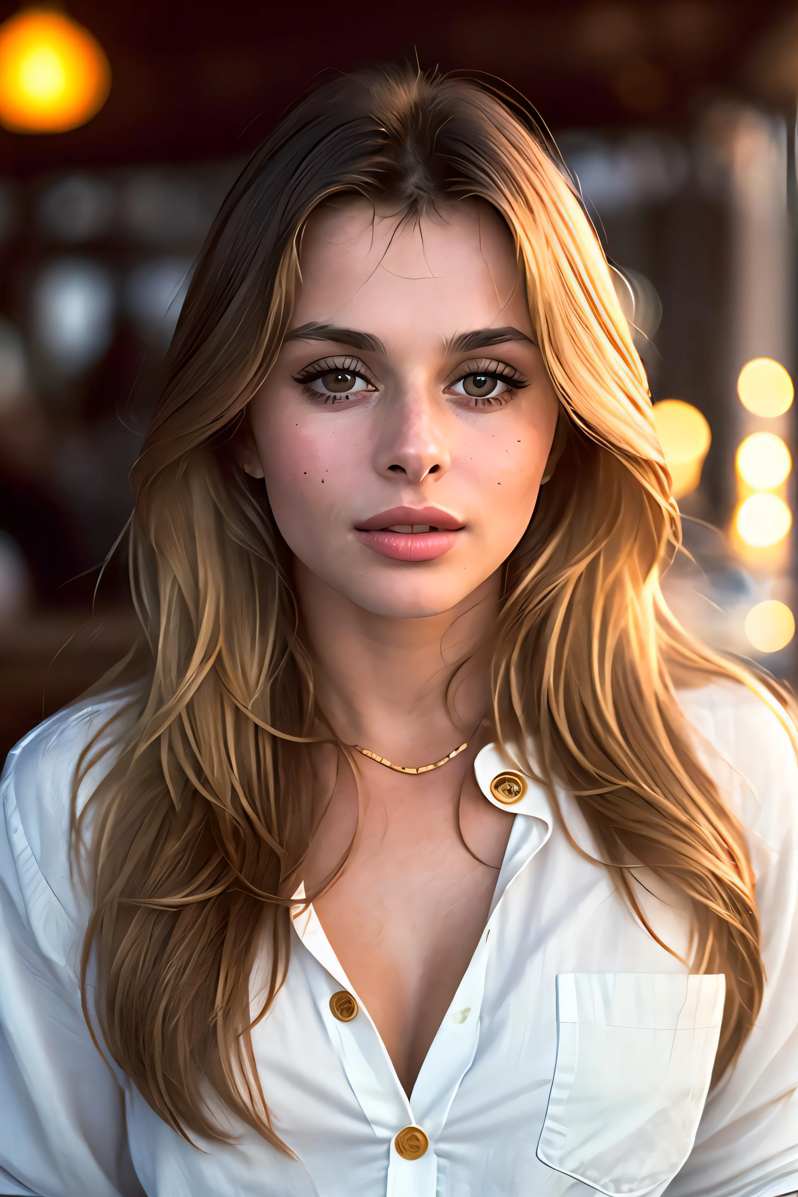 photo of (nk1nsky:0.99), a beautiful woman, closeup zoomed in tight crop portrait, sitting at a (table on a seaside boardwalk cafe bar drinks cocktails:1.2) wearing a (button shirt:1.3) (drinks on table:1.3) (Lighting-Gold:1.2) foreground objects background details (masterpiece:1.2) (photorealistic:1.2) (bokeh:1.2) (best quality) (color grading) (detailed skin:1.3) (intricate) (8k) (HDR) (cinematic lighting:1.3) (sharp focus)