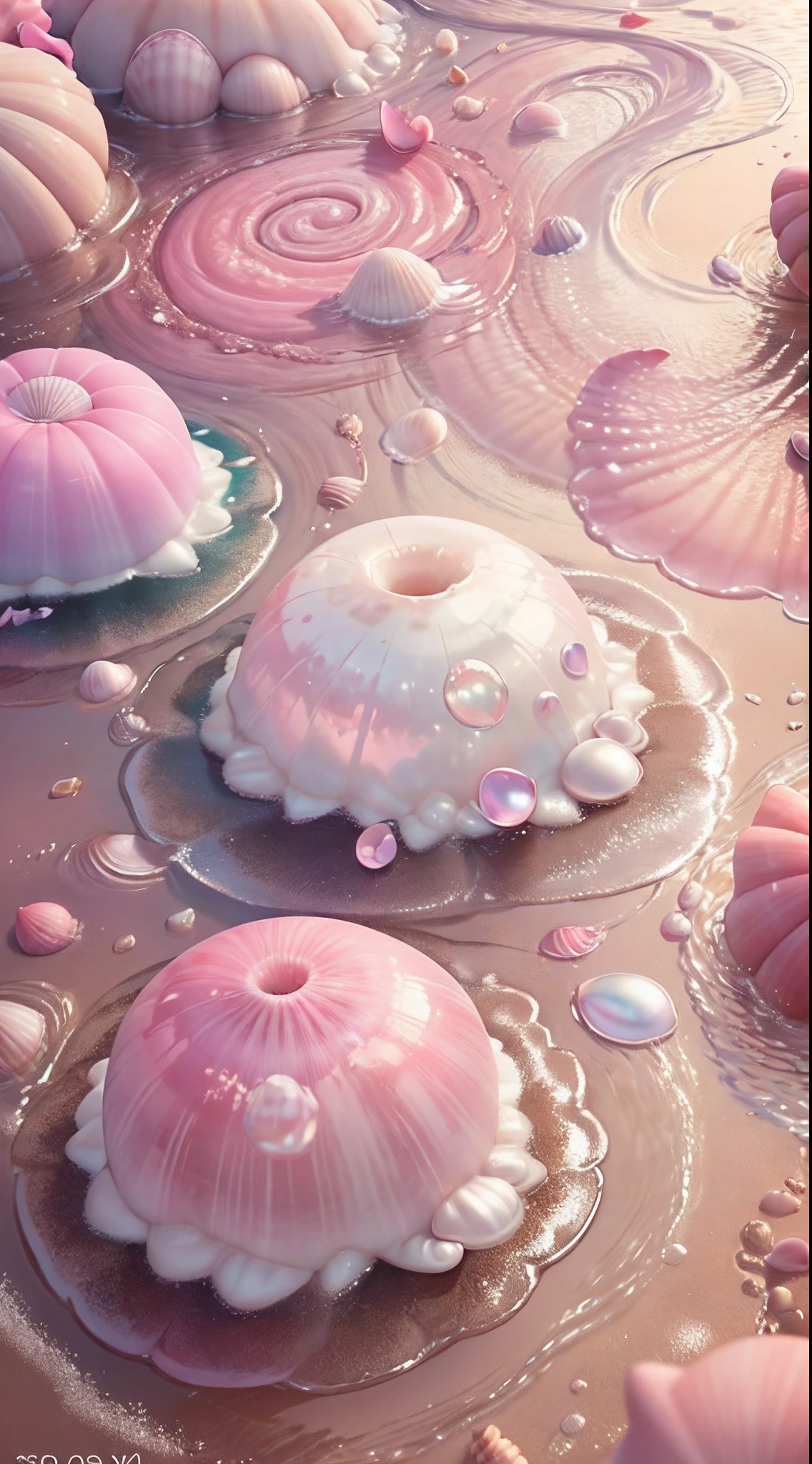 (8K, RAW photo, Best quality, masutepiece: 1.2), (Realistic, Realistic: 1.37) There are pink shells on the beach, there are waters, Pearlescent, pearls and shells, Soft spill, pearls, Pink jellyfish are everywhere, Soft 3D rendering, Ethereal bubbles, Bubble landscape, Elay shader, pastel pink, Pink reflections, Pearl Sky, shells, Paradise pink, Pastel colors, Pink pastels, --auto --s2