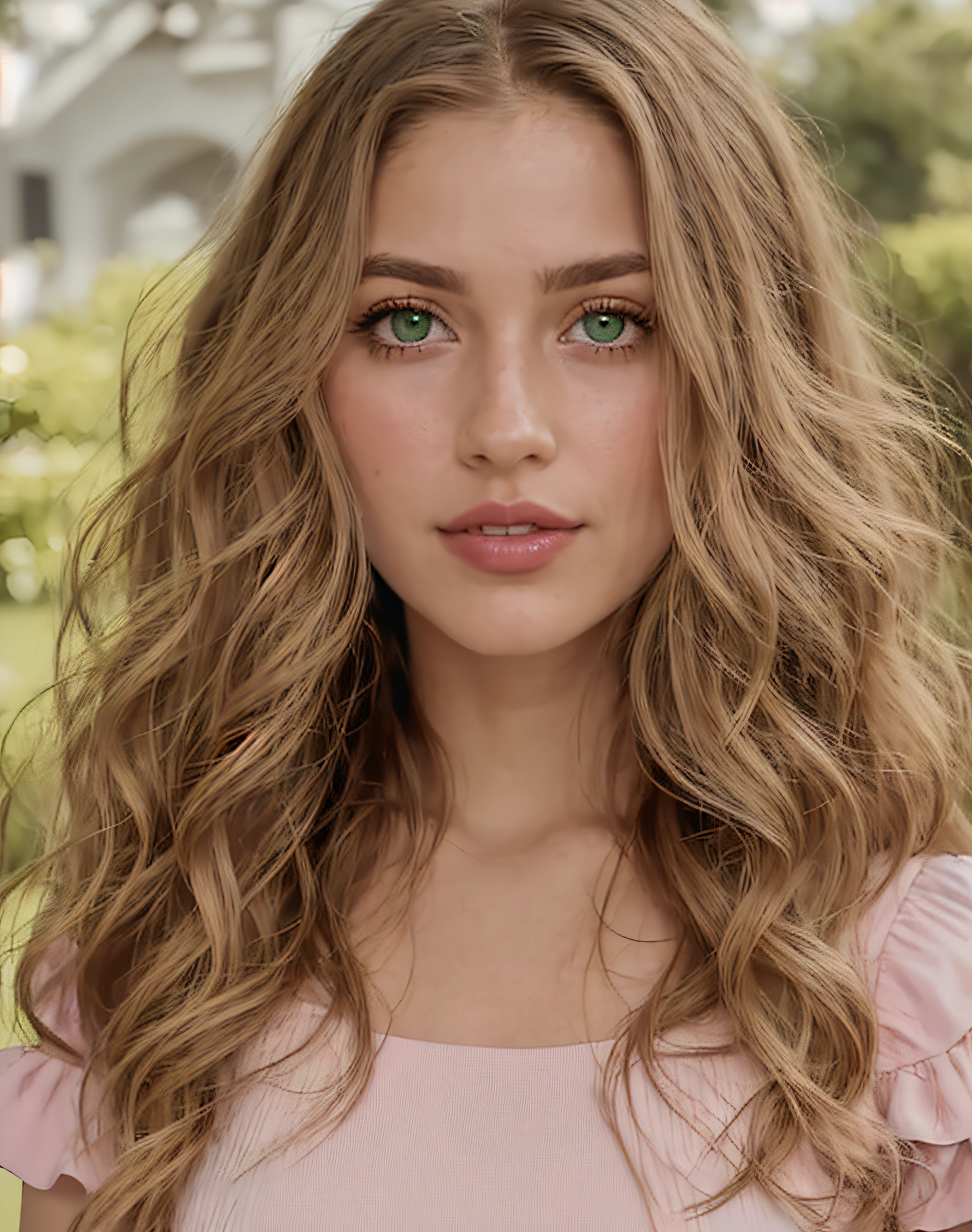 Portrait of a woman with long brown wavy hair with blonde highlights, green eyes, tanned skin, pink lipsticks, wearing a pink top with puffed sleeves, 8k, photo realistic, beautiful