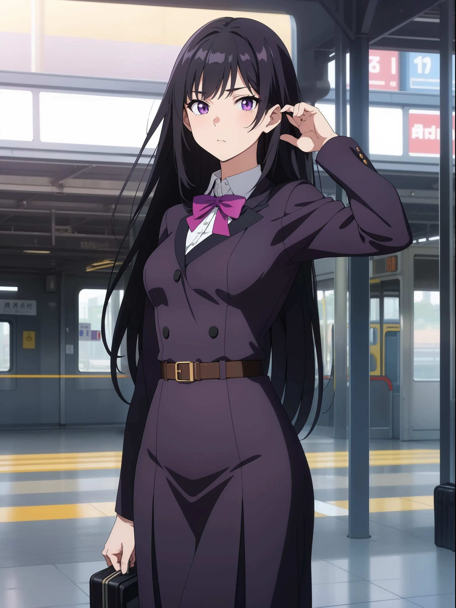 (masterpiece, best quality,) anime screencap, 1girl, 
black hair, medium-long hair, purple eyes, school outfit, medium breasts, calm face, train station
