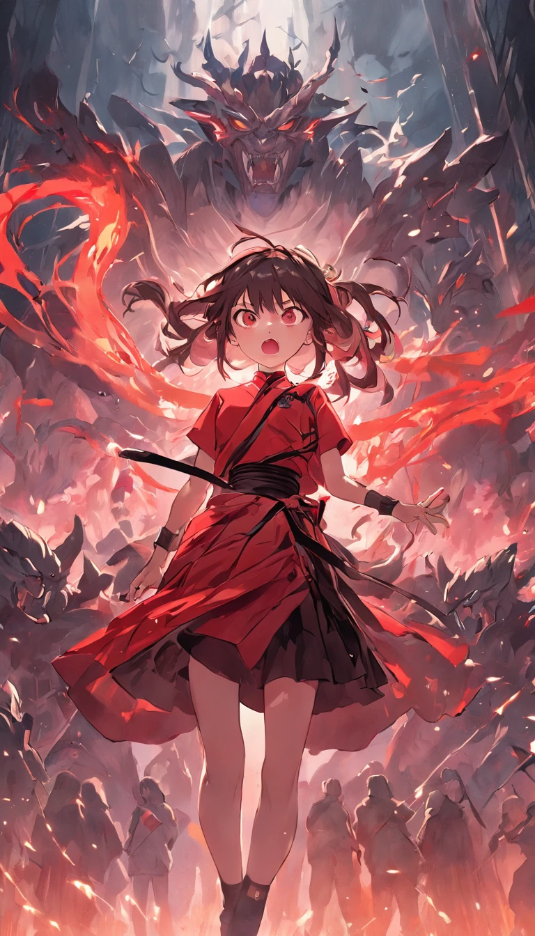A GIRL, black T-shirt, Red Skirt, Pencil Skirt, showing off her terrifying power in battle, defeating the forces of the Thousand Demons and the Unification Sect, Li Gu moves as fast as lightning, holding a weapon devastating blow, the soldiers of the Van Demon Alliance and the Unified Sect are all fragile in front of him, unable to withstand his terrifying power, , 32k, best quality, masterpiece, super detailed, high resolution high detail