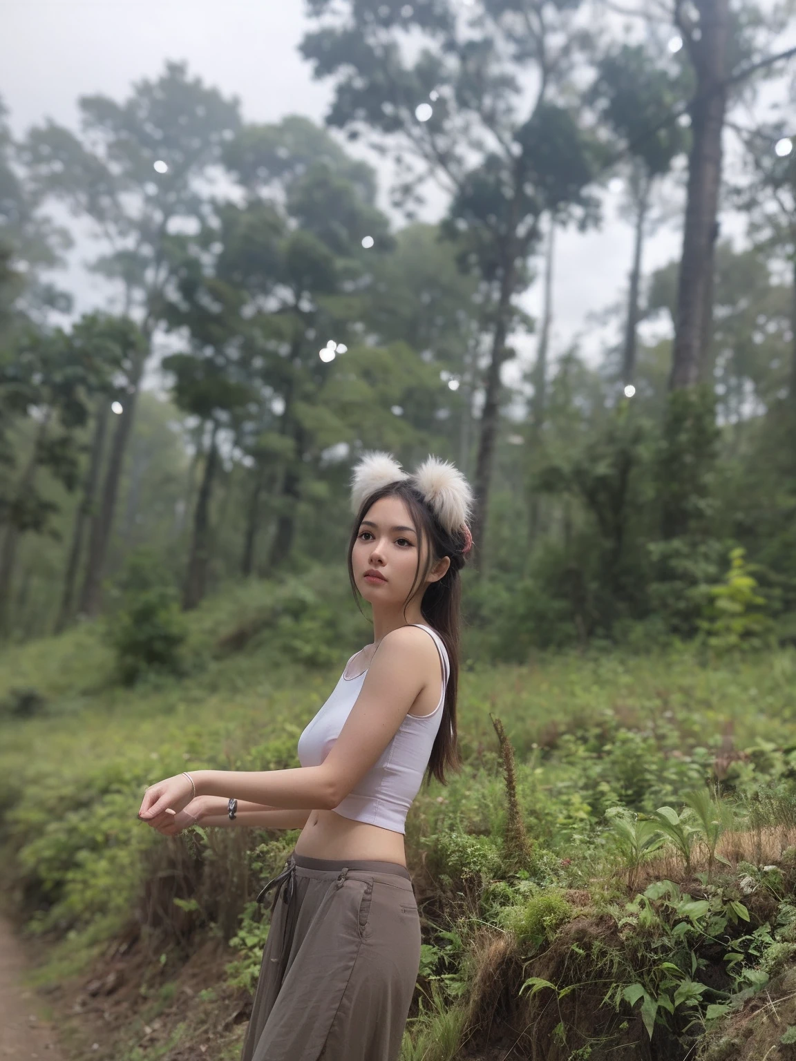 there is a woman standing in the middle of a field, medium breast, in front of a forest background, looking majestic in forest, amidst nature, standing in the forrest, in forest, in harmony with nature, in front of an amazing forest, beautiful young himalayan woman, in jungle forest peak, in jungle forest, in forest jungle, standing in the forest, in jungle