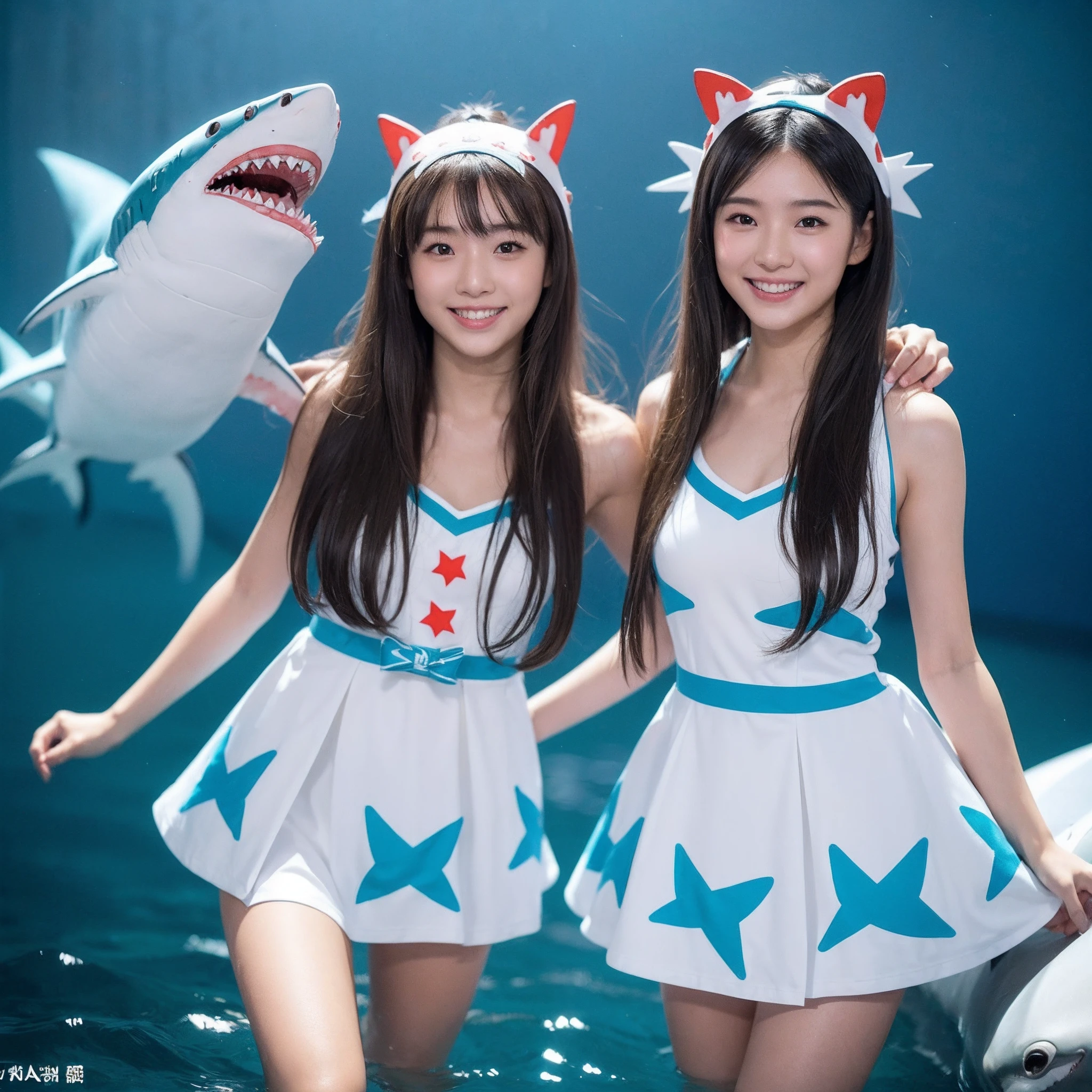 (8K、RAW Photos、top-quality、masterpiece:1.5)、(realisitic、Photorealsitic:1.5)、ultra-detailliert、超A high resolution、lighting like a movie、(((Idols who love sharks)))、(((Japan girls)))、(((Wearing a cute costume with a shark motif)))、(A lot of sharks:1.5)、cute smile face、Happy and energetic atmosphere、dynamic ungle、动态照明