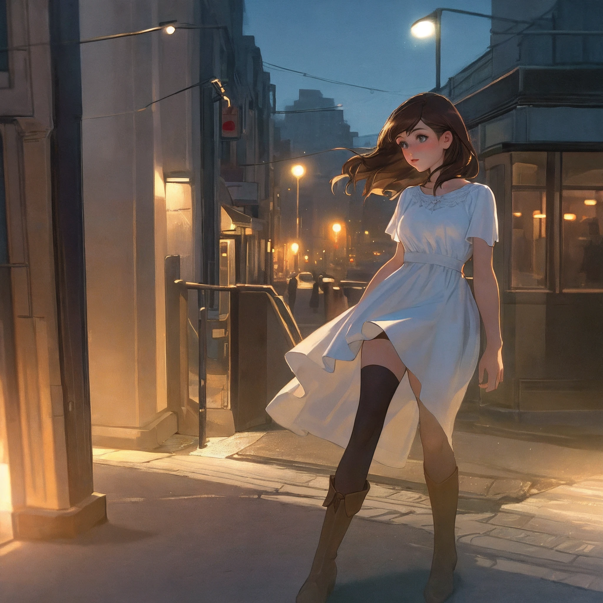 ((Realistic lighting, Best quality, 8K, Masterpiece: 1.3)), Clear focus: 1.2, 1girl, Perfect body beauty: 1.4, Slim abs: 1.1, ((dark brown hair)), (White dress: 1.4), (Outdoor, night: 1.1), City Street, Super Fine Face, Fine Eyes, Double Eyelids, (Over the knee black stockings: 1.5)