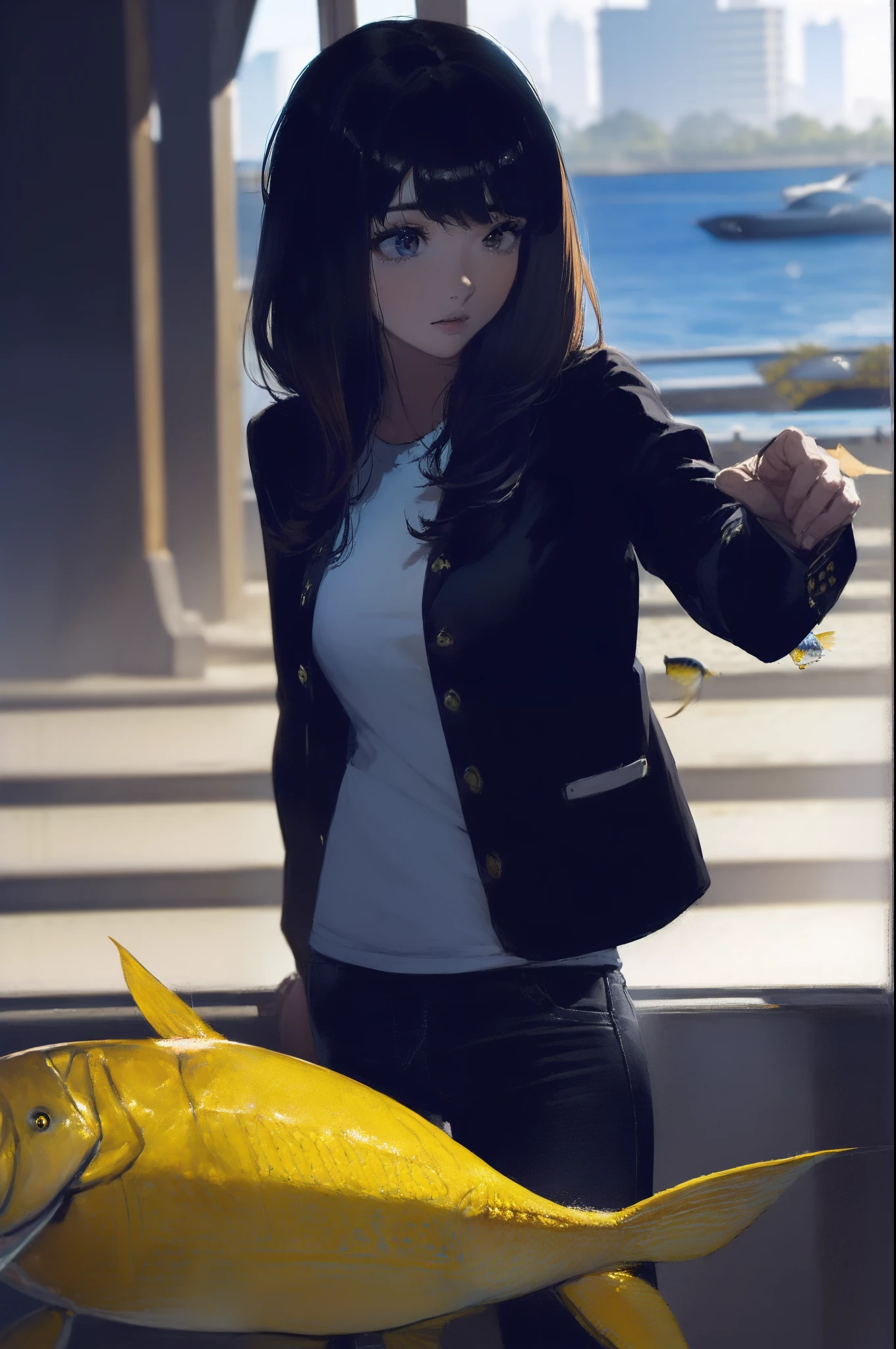 ((((catching a big fish by the lakeside:1.5)))),((Female 28 years old)),((Best Quality:1.5)),(((Hands with the correct number and structure of fingers:1.4))),((Big fish:1.37)),hight resolution,ultra-detailliert,​masterpiece,best qualtiy,(Eight-headed body),Black hair, long eyes-lashes, Solid Circle Eyes, drop shadow, Atmospheric perspective,Super Detail, ccurate, small brest,(Black jacket and black jeans :1.1),top-quality, blurry backround, bokeh dof:1.2, (​masterpiece:1.3),  Atmospheric perspective,Super Detail,dynamic compositions,