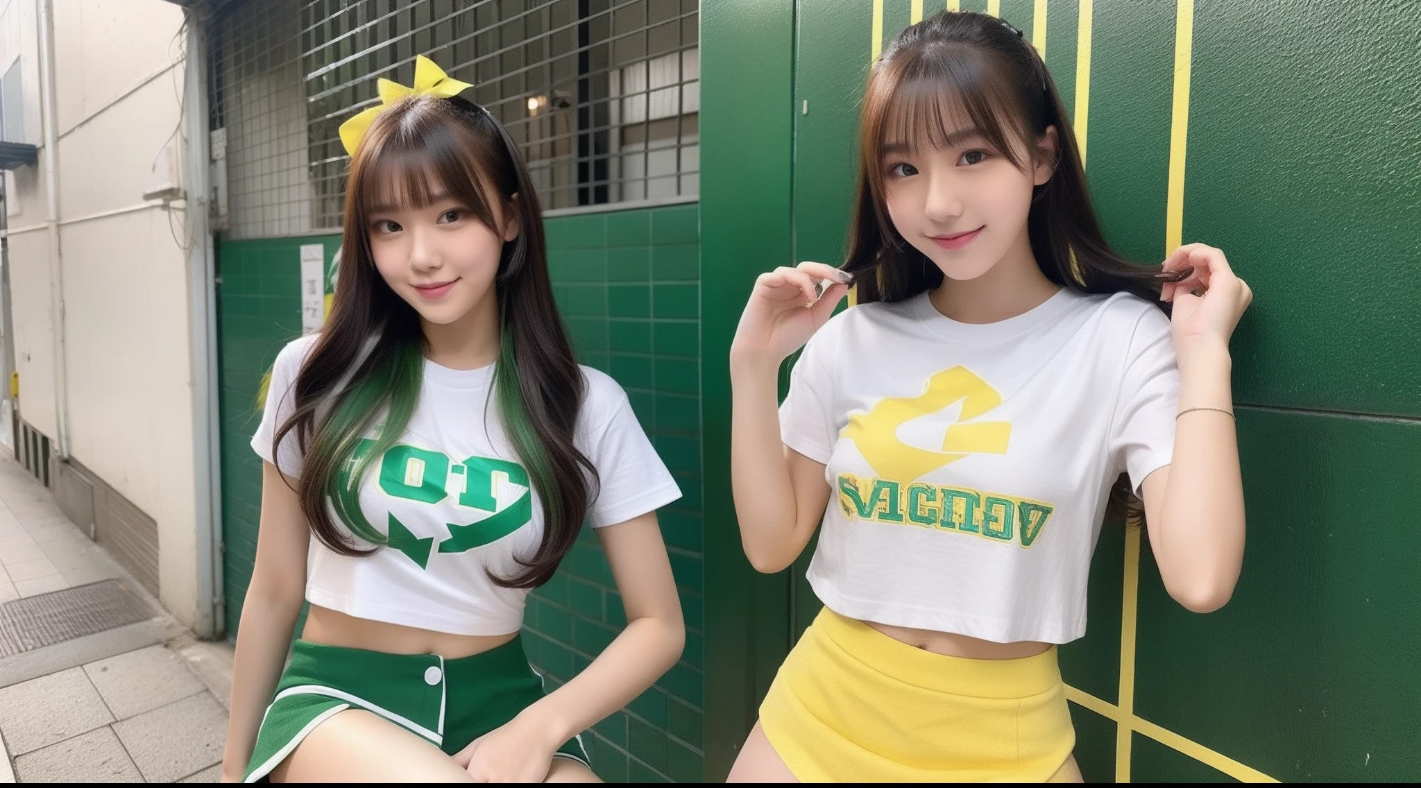18-year-old cheergirl wearing yellow-green miniskirt and white T-shirt