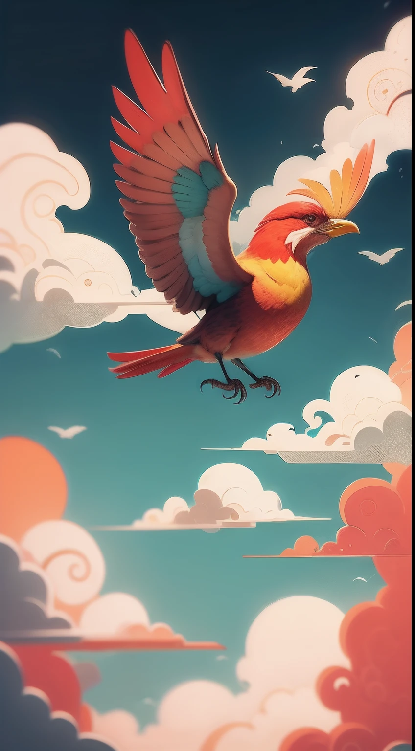 Bird, Red, Yellow, Clouds