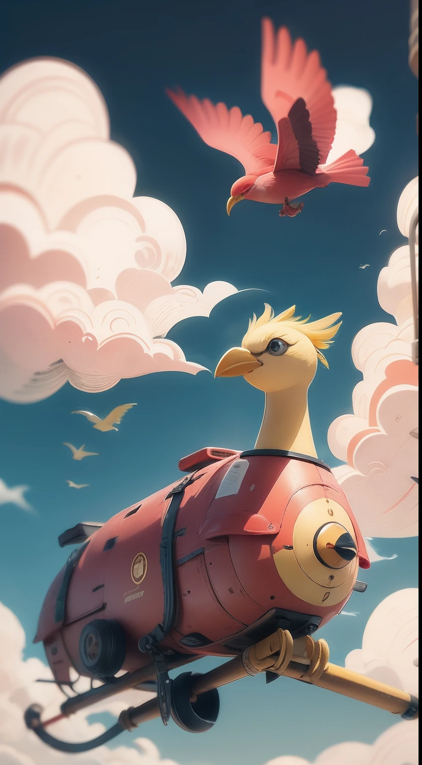Bird, Red, Yellow, Clouds