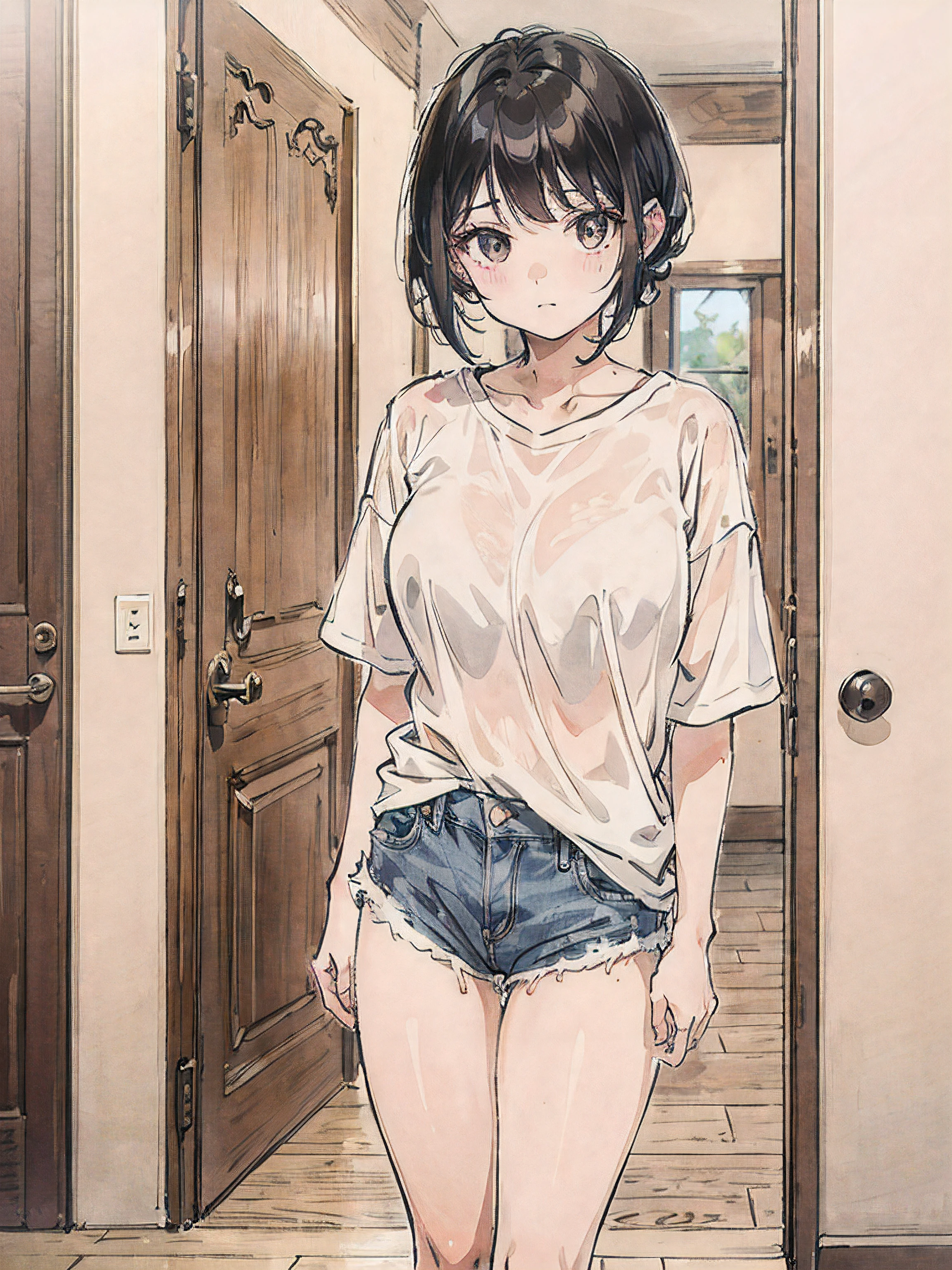 1 girl, next to a two-sided door, house, black hair, brown eyes, wearing plain white shirt, denim shorts, high res, ultrasharp, 8k, masterpiece