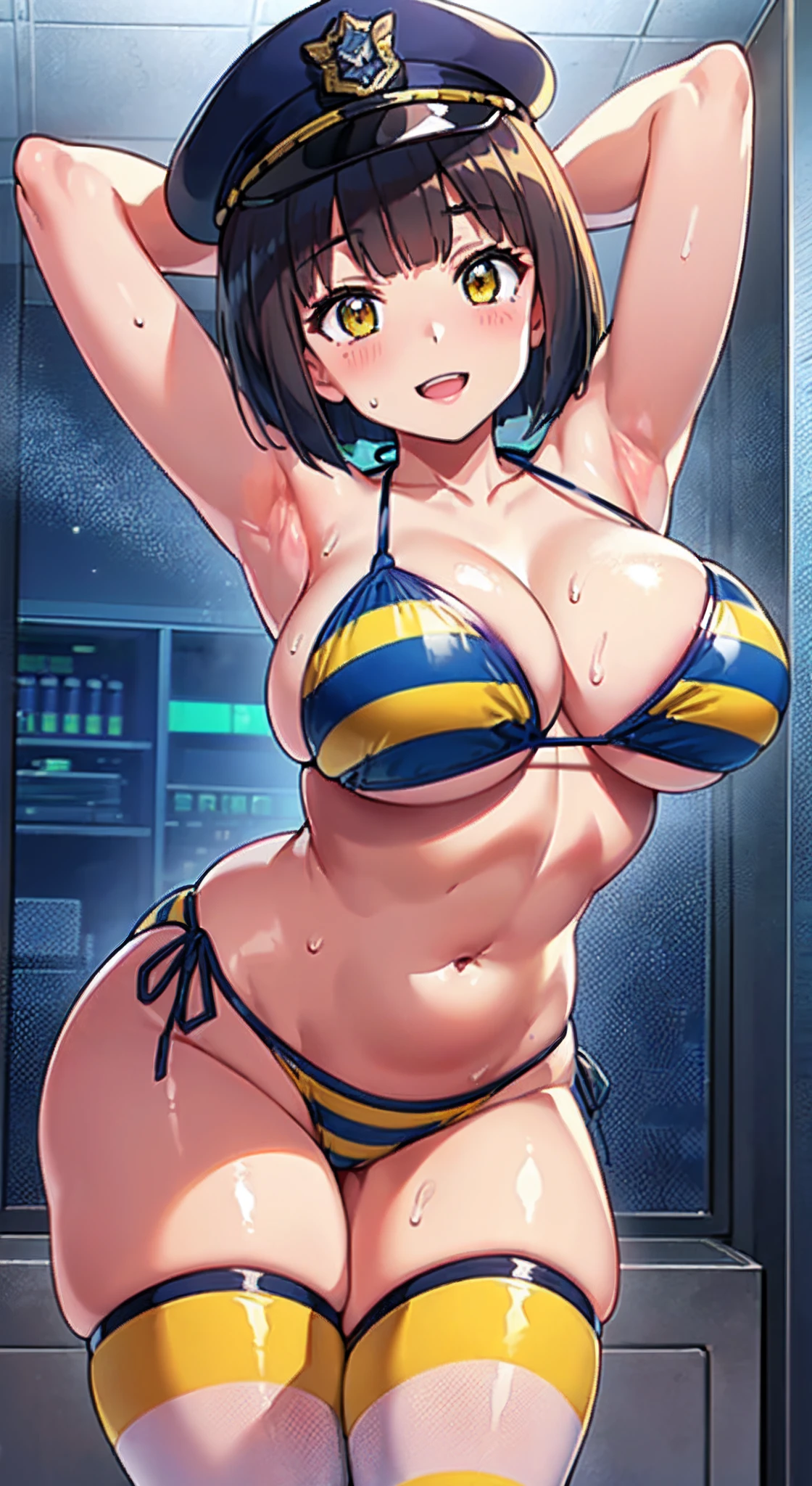 (Perfect body),Best Quality,(8K Portrait),(anime screen cap)、((Police Woman)),Police Hat、blush,Sweat,((large udder))、(Dark hair),((bob cuts))、Yellow eyes,(thick thighs),((((Navy blue striped bikini))))、White knee socks、adult  woman、((A smile))、Cowboy Shot、showing teeth、(((Hands behind the head)))、((Armpits))、((Leaning forward))、