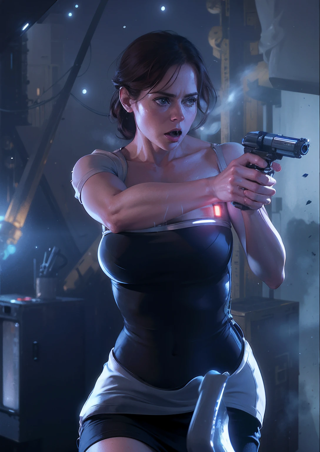 Hot terrified Amy Adams as a Scientist holding a sci fi blaster Hiding on Ishimura Horror Space Ship photography, natural light, photorealism, cinematic rendering, ray tracing, the highest quality, the highest detail, Cinematic, Third-Person View, Blur Effect, Long Exposure, 8K, Ultra-HD, Natural Lighting, Moody Lighting, Cinematic Lighting