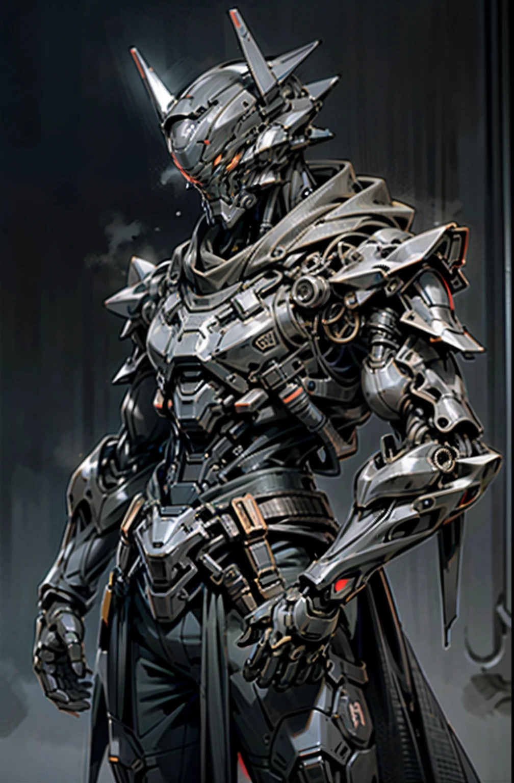 Dark_Fantasy,Cyberpunk,1manMechanical marvel,Robotic presence,Cybernetic guardian, samurai mechanical armour, katana on the waist, absolutely stunning art,wearing a black cloak, highest quality art, highest resolution, hyper detailed,black and red, futuristic, samurai robot, atmospheric,8k,64k, HD, unparalleled masterpiece, dynamic lighting, cinematic, epic